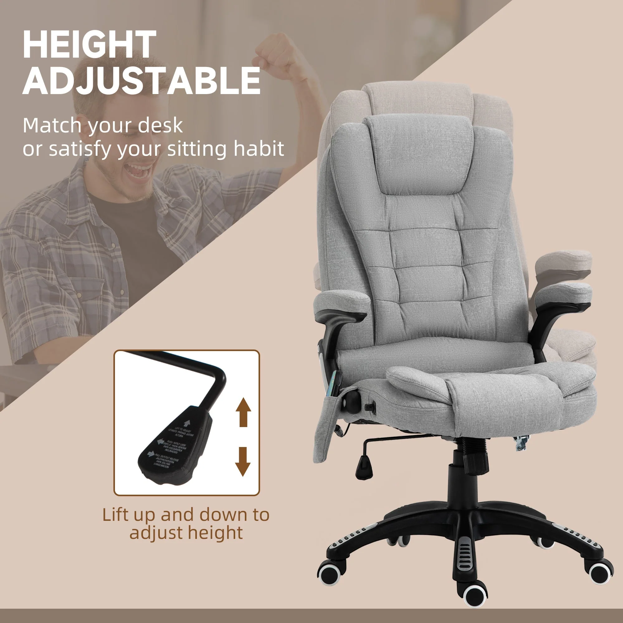 Vinsetto Massage Office Chair Recliner Ergonomic Gaming Heated Home Office Padded Linen-Feel Fabric & Swivel Base Light Grey - Image 5