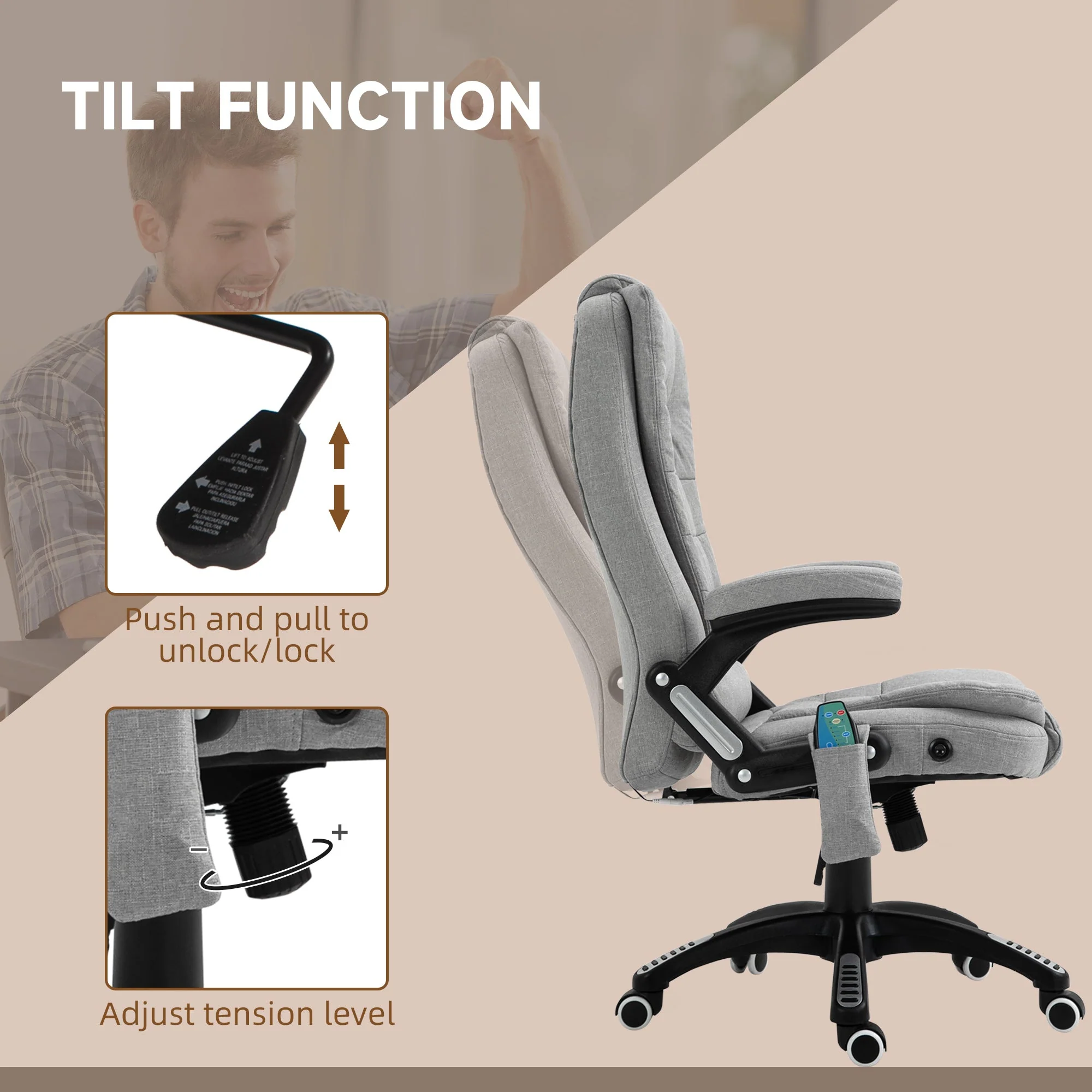 Vinsetto Massage Office Chair Recliner Ergonomic Gaming Heated Home Office Padded Linen-Feel Fabric & Swivel Base Light Grey - Image 6