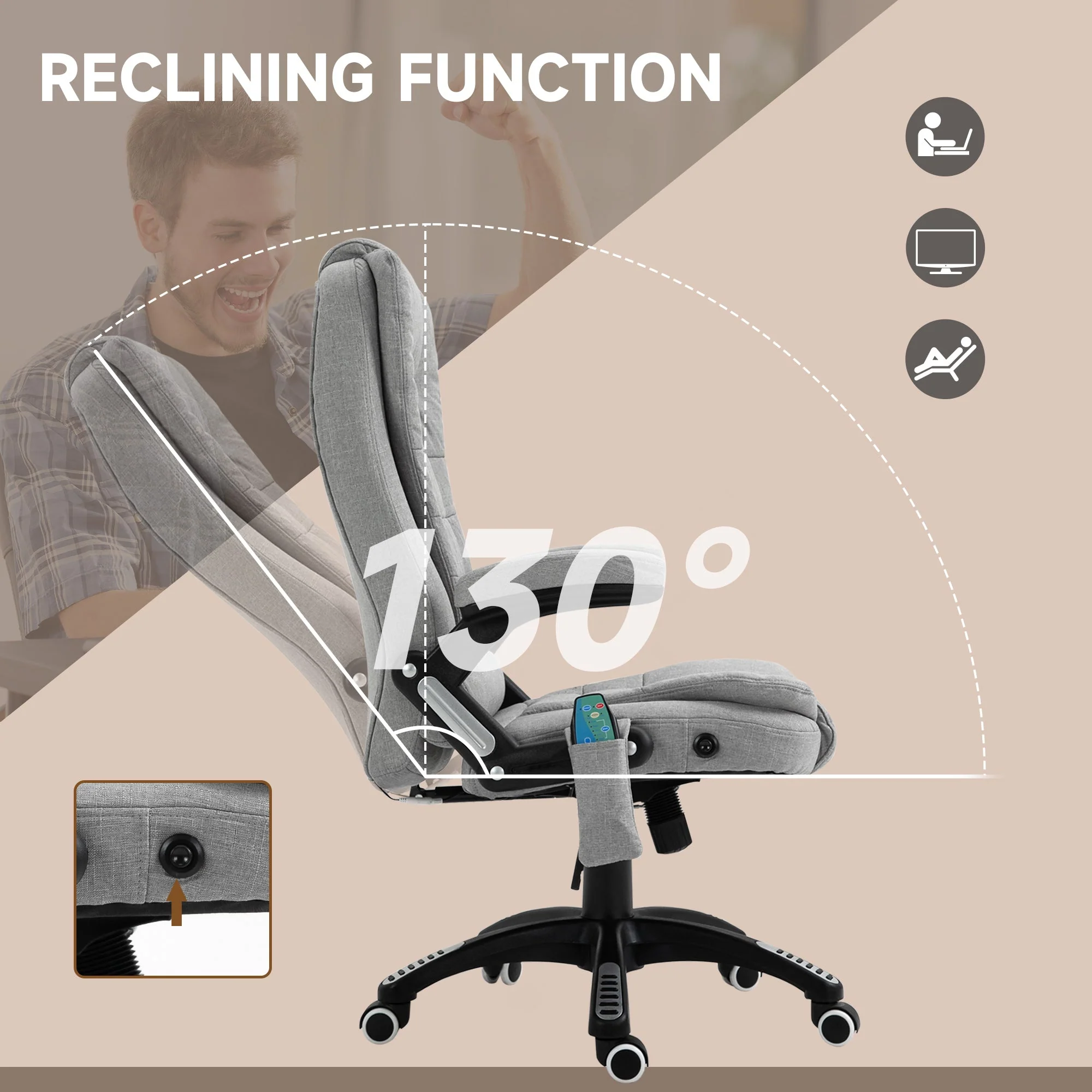 Vinsetto Massage Office Chair Recliner Ergonomic Gaming Heated Home Office Padded Linen-Feel Fabric & Swivel Base Light Grey - Image 7