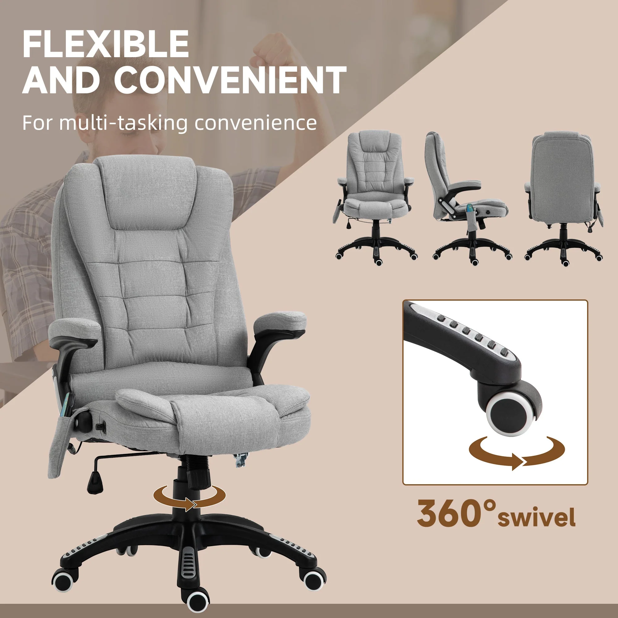 Vinsetto Massage Office Chair Recliner Ergonomic Gaming Heated Home Office Padded Linen-Feel Fabric & Swivel Base Light Grey - Image 8