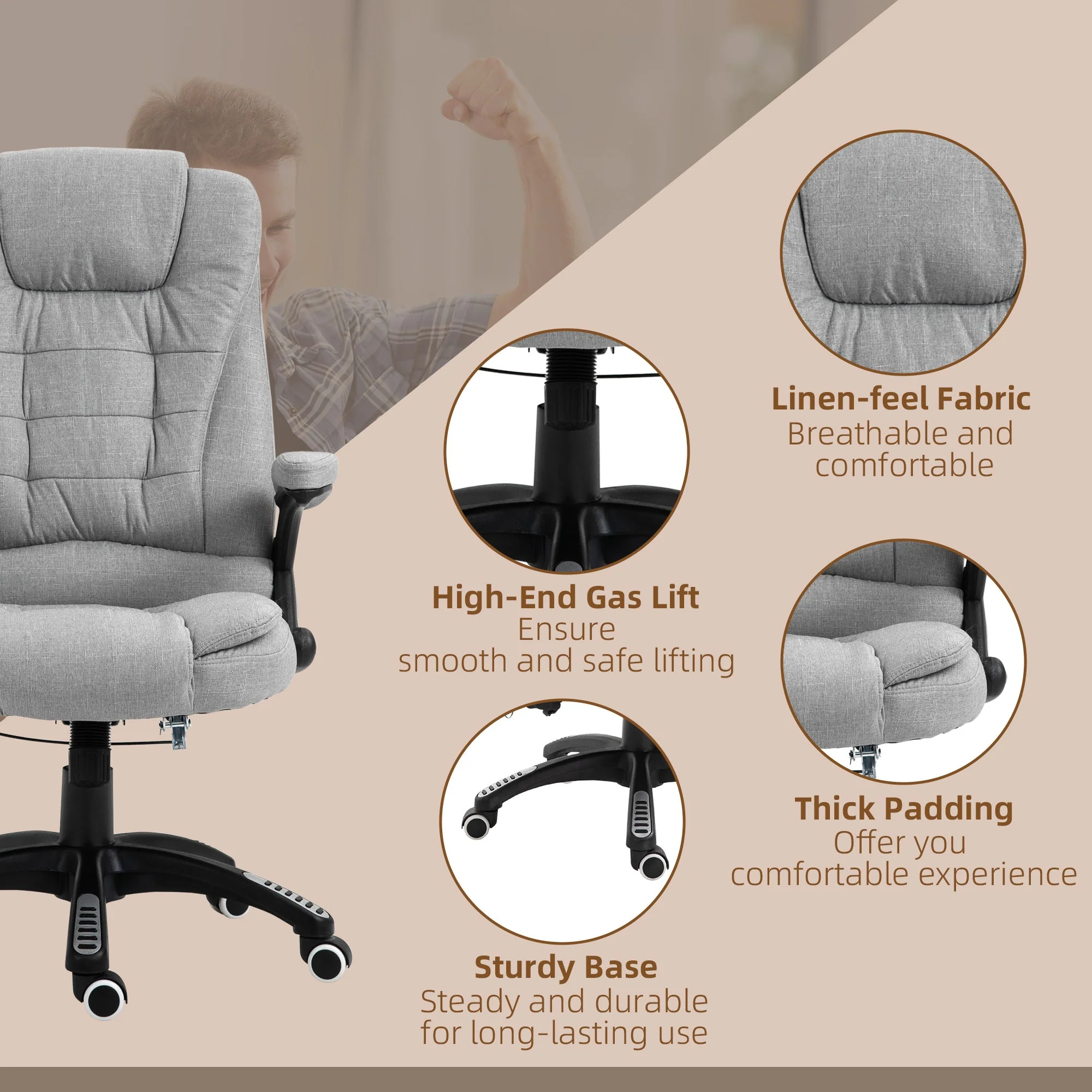 Vinsetto Massage Office Chair Recliner Ergonomic Gaming Heated Home Office Padded Linen-Feel Fabric & Swivel Base Light Grey - Image 9