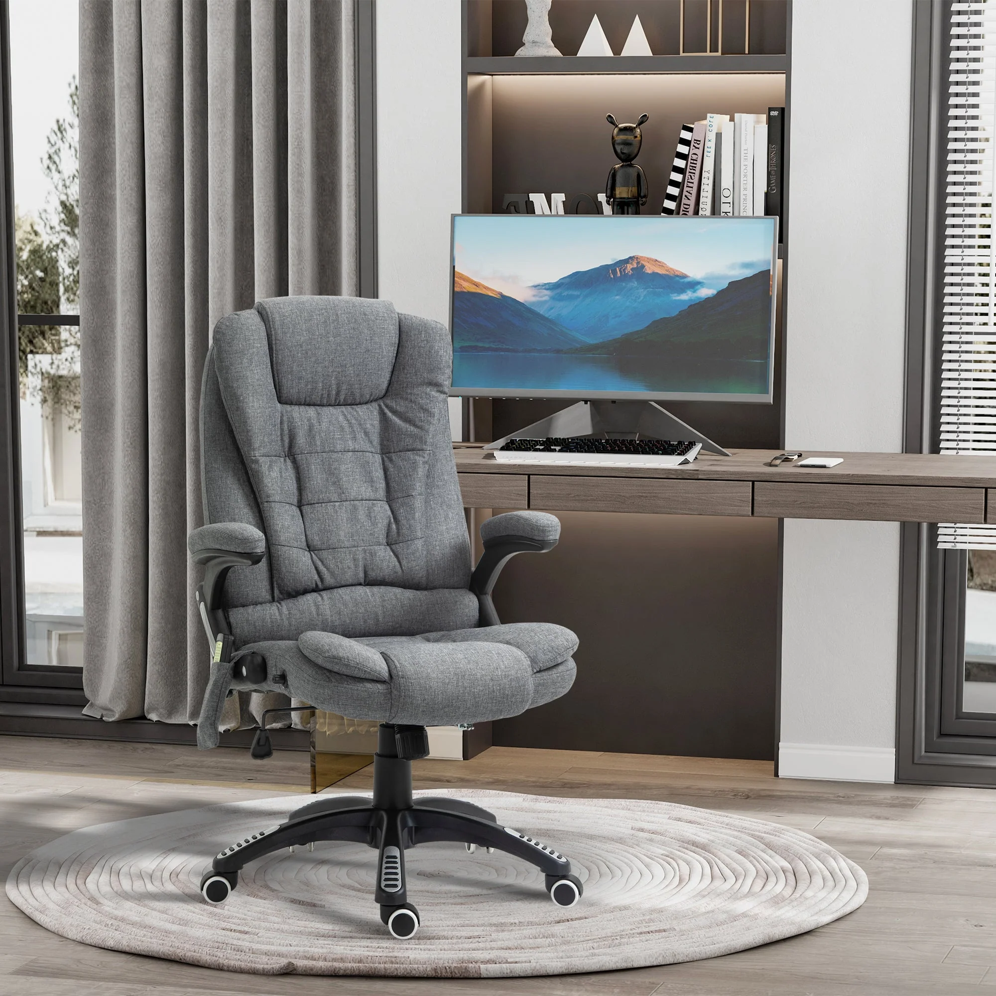 Vinsetto Massage Recliner Chair Heated Office Chair with Six Massage Points Linen-Feel Fabric 360° Swivel Wheels Grey - Image 2