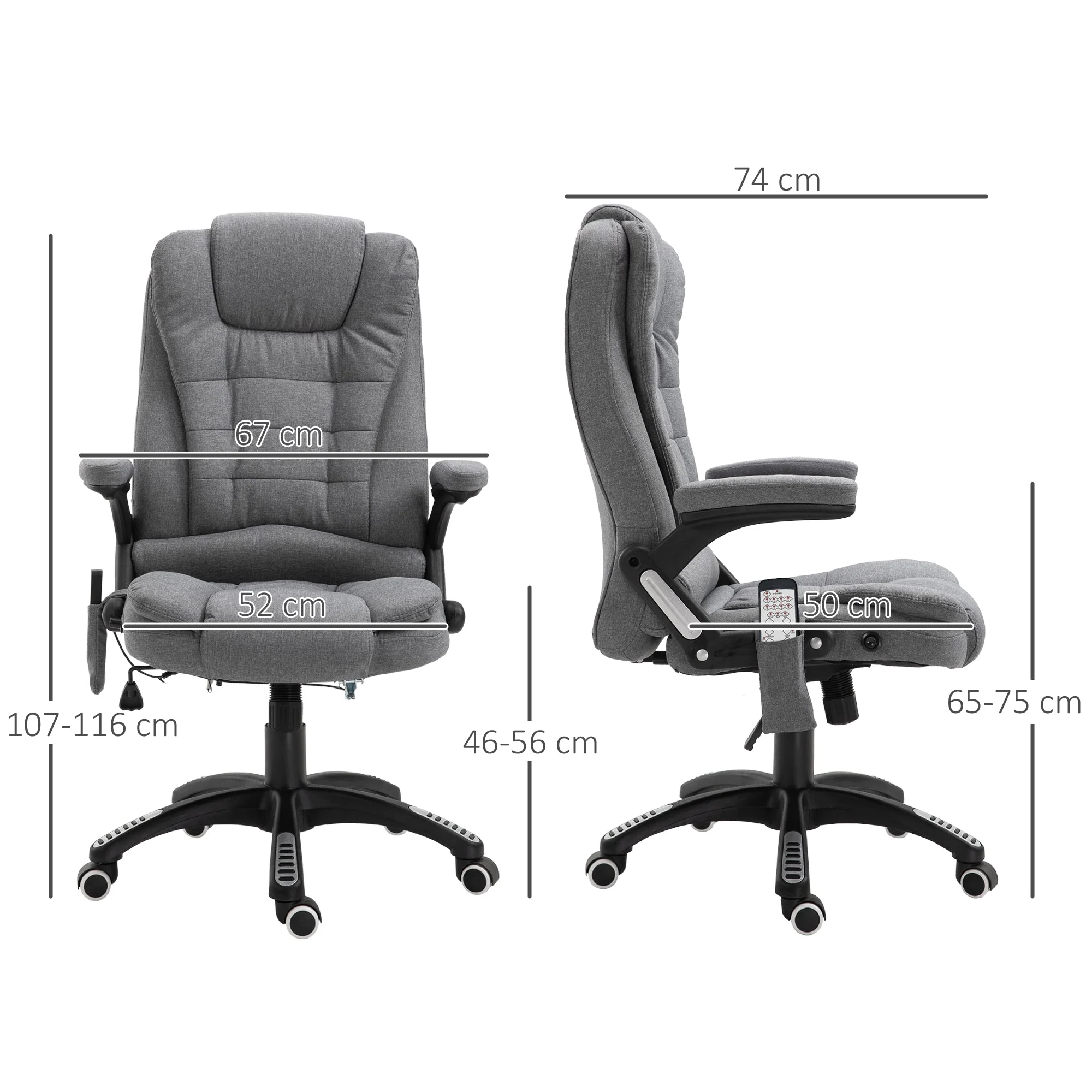 Vinsetto Massage Recliner Chair Heated Office Chair with Six Massage Points Linen-Feel Fabric 360° Swivel Wheels Grey - Image 3
