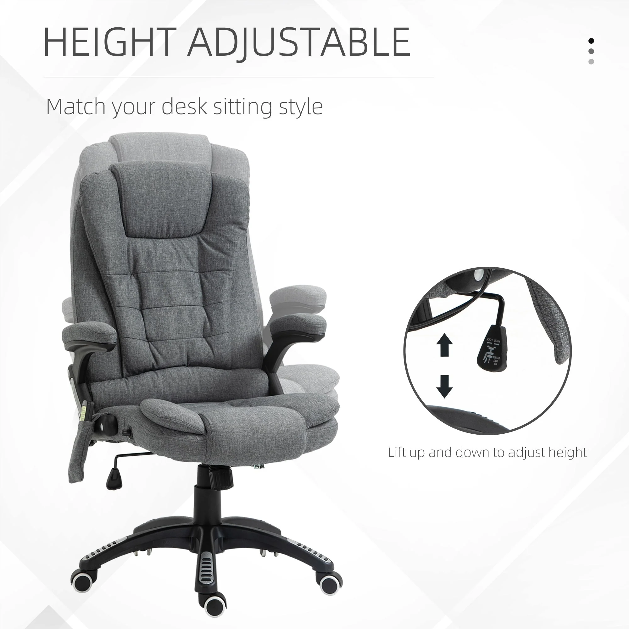 Vinsetto Massage Recliner Chair Heated Office Chair with Six Massage Points Linen-Feel Fabric 360° Swivel Wheels Grey - Image 4