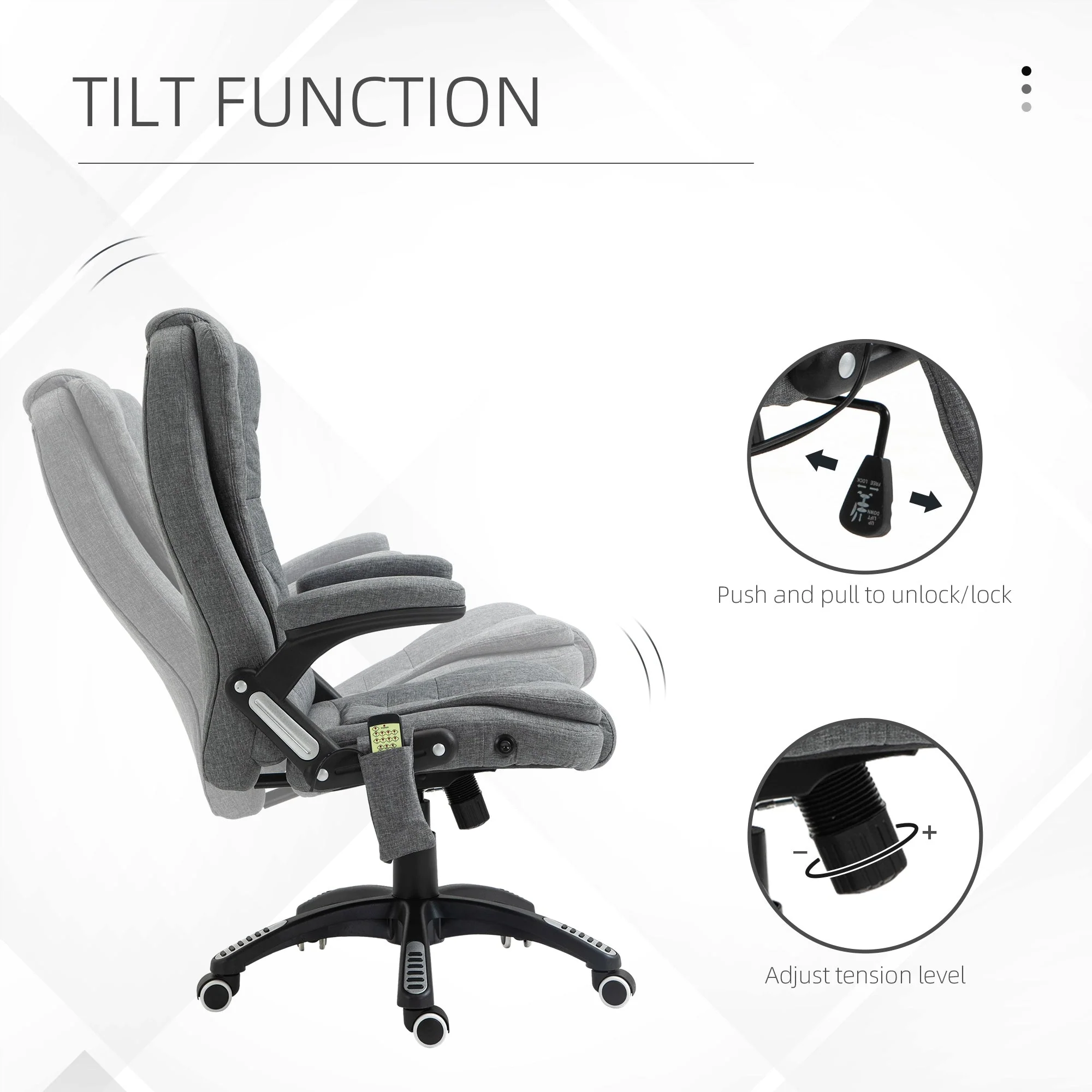 Vinsetto Massage Recliner Chair Heated Office Chair with Six Massage Points Linen-Feel Fabric 360° Swivel Wheels Grey - Image 5