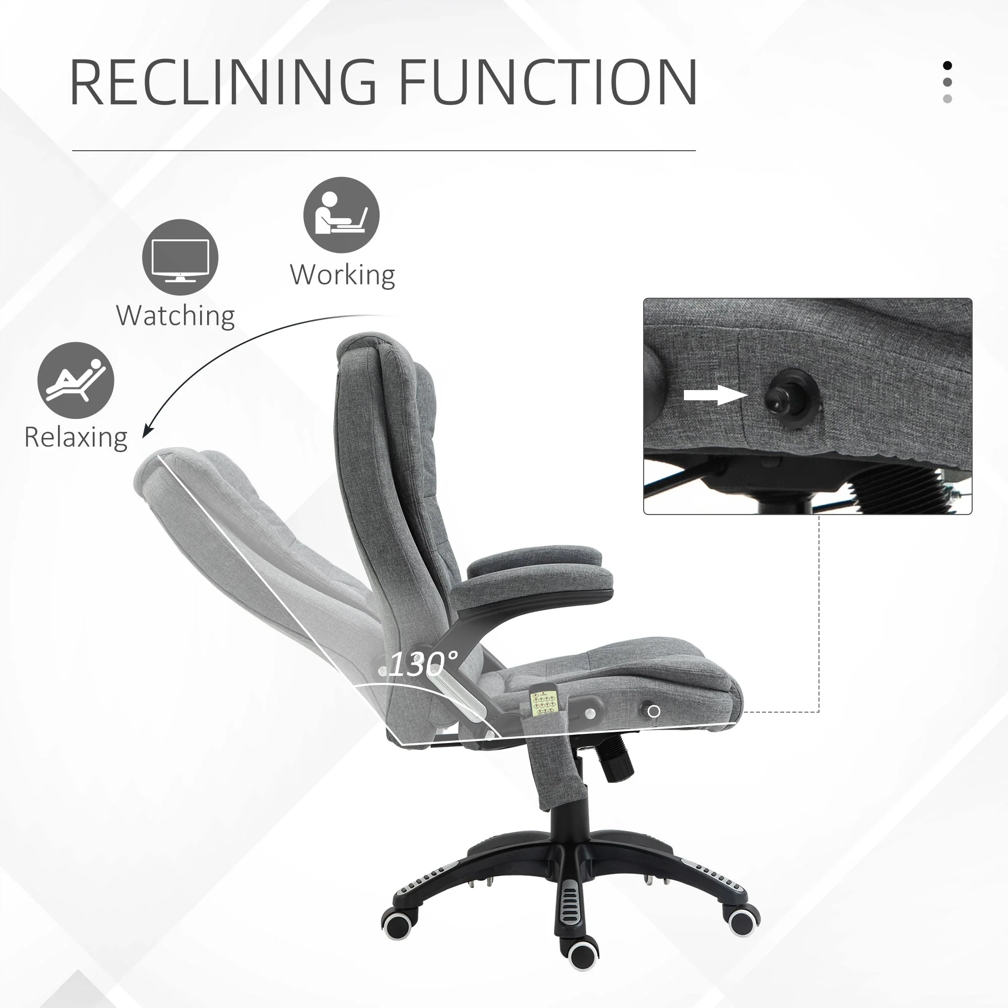Vinsetto Massage Recliner Chair Heated Office Chair with Six Massage Points Linen-Feel Fabric 360° Swivel Wheels Grey - Image 6