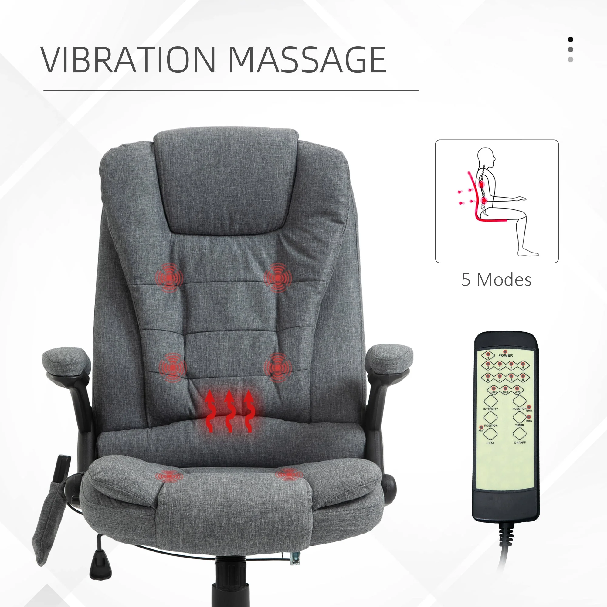 Vinsetto Massage Recliner Chair Heated Office Chair with Six Massage Points Linen-Feel Fabric 360° Swivel Wheels Grey - Image 7