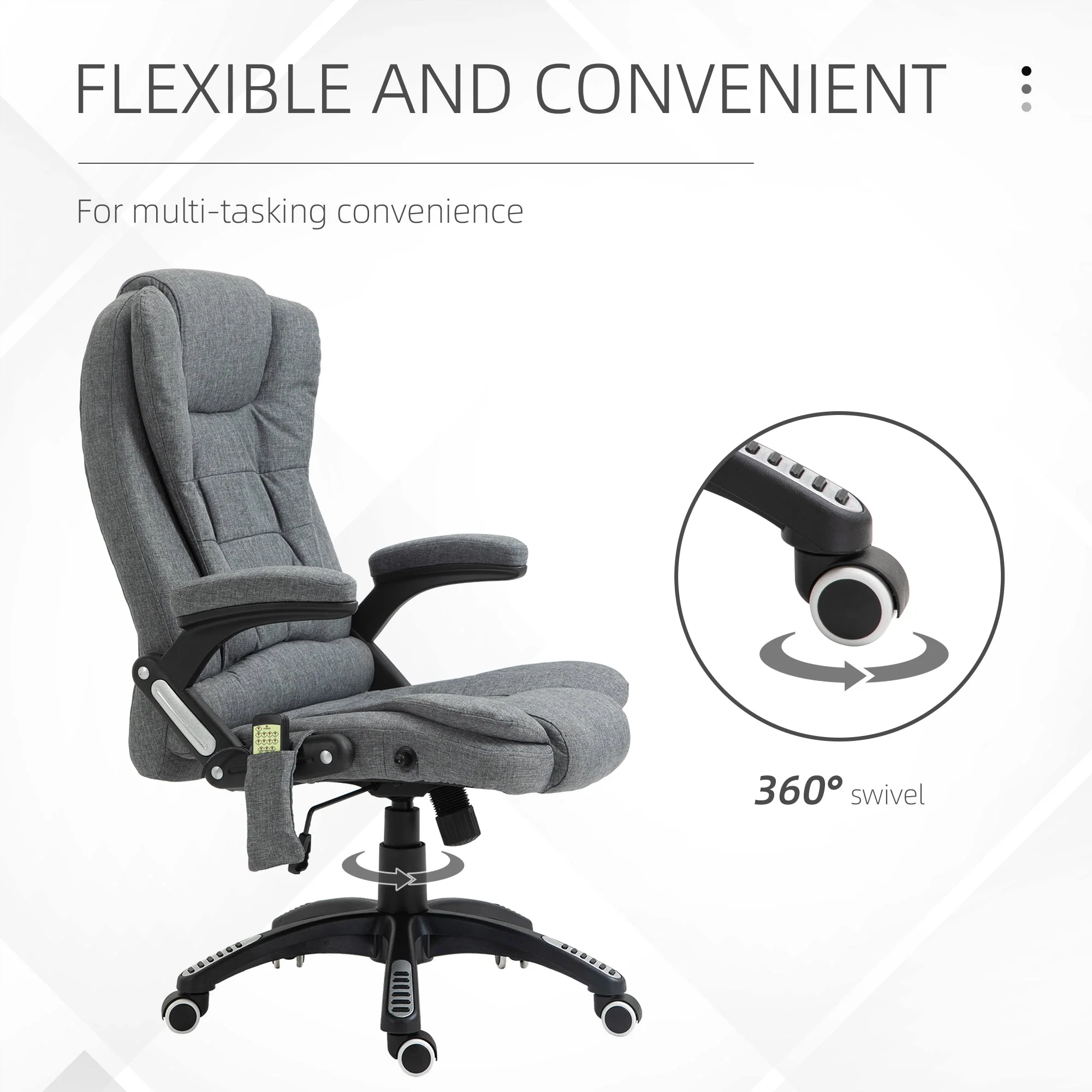 Vinsetto Massage Recliner Chair Heated Office Chair with Six Massage Points Linen-Feel Fabric 360° Swivel Wheels Grey - Image 8