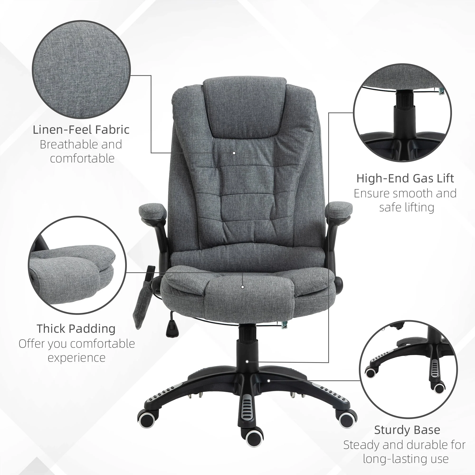 Vinsetto Massage Recliner Chair Heated Office Chair with Six Massage Points Linen-Feel Fabric 360° Swivel Wheels Grey - Image 9