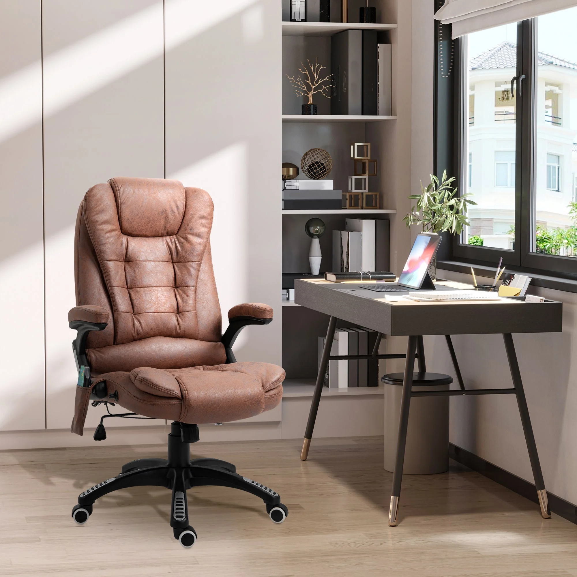 Vinsetto Massage Recliner Chair Heated Office Chair with Six Massage Points Microfiber Cloth 360° Swivel Wheels Brown - Image 2
