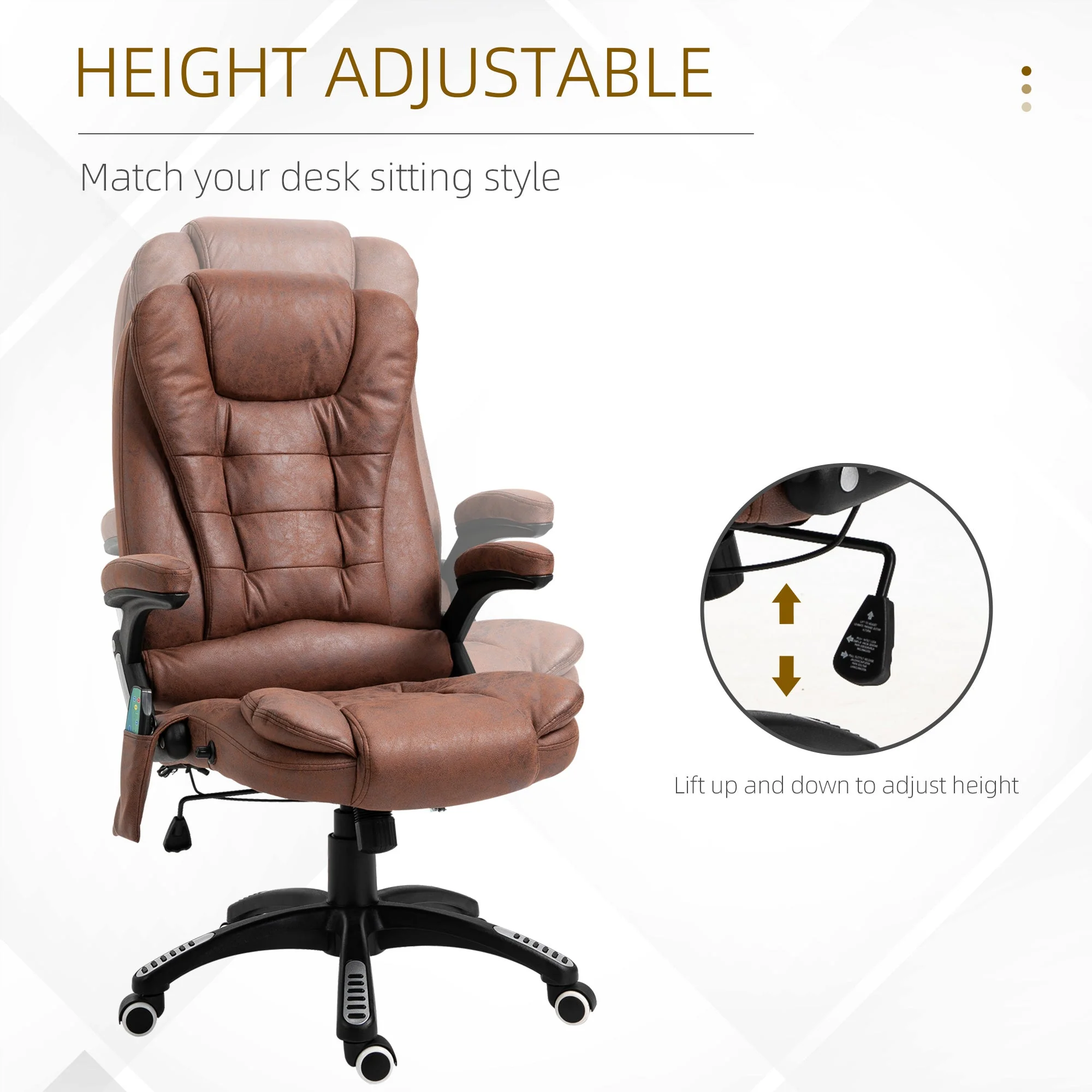Vinsetto Massage Recliner Chair Heated Office Chair with Six Massage Points Microfiber Cloth 360° Swivel Wheels Brown - Image 4