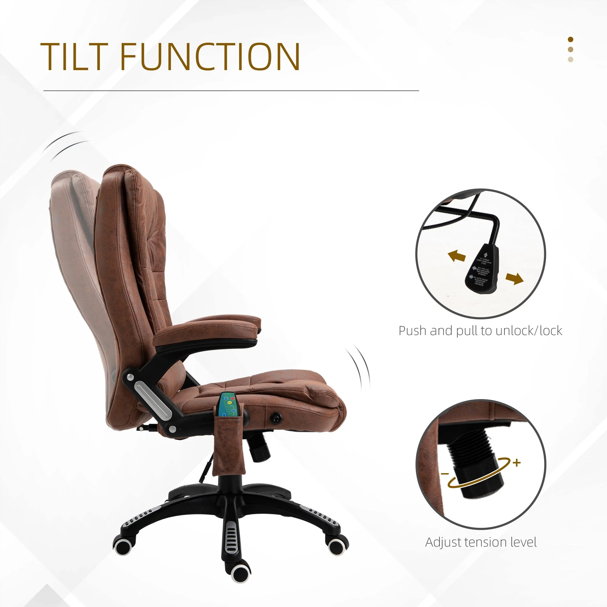 Vinsetto Massage Recliner Chair Heated Office Chair with Six Massage Points Microfiber Cloth 360° Swivel Wheels Brown - Image 5