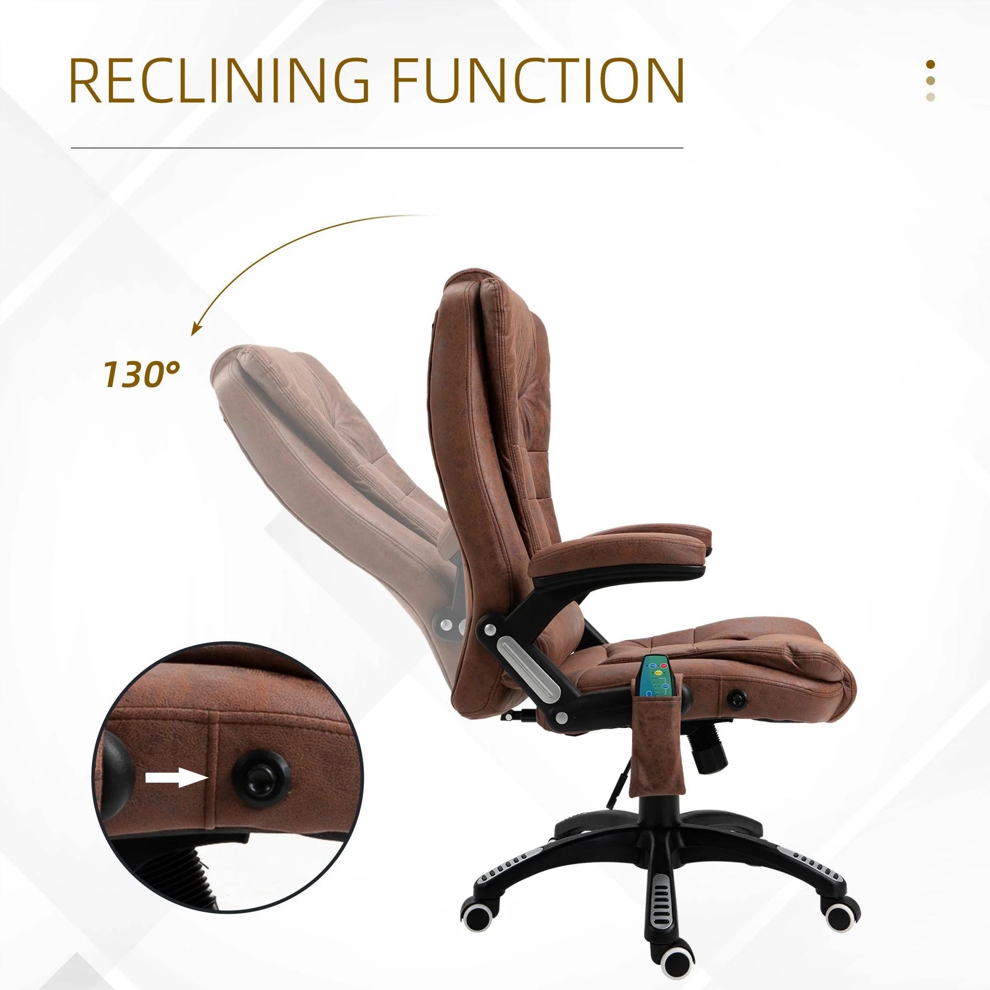 Vinsetto Massage Recliner Chair Heated Office Chair with Six Massage Points Microfiber Cloth 360° Swivel Wheels Brown - Image 6
