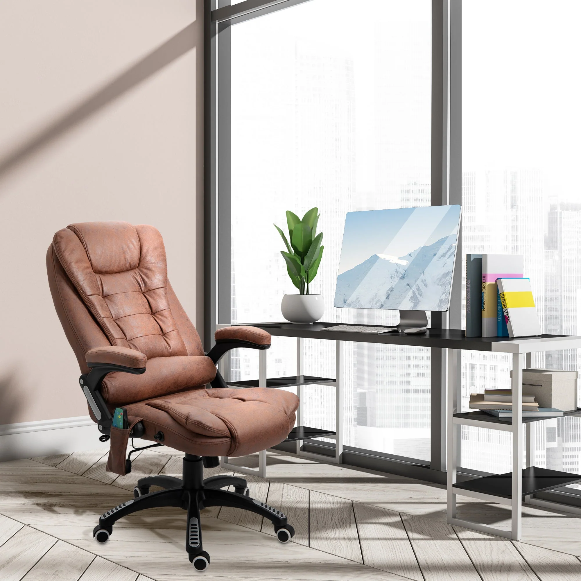 Vinsetto Massage Recliner Chair Heated Office Chair with Six Massage Points Microfiber Cloth 360° Swivel Wheels Brown - Image 8