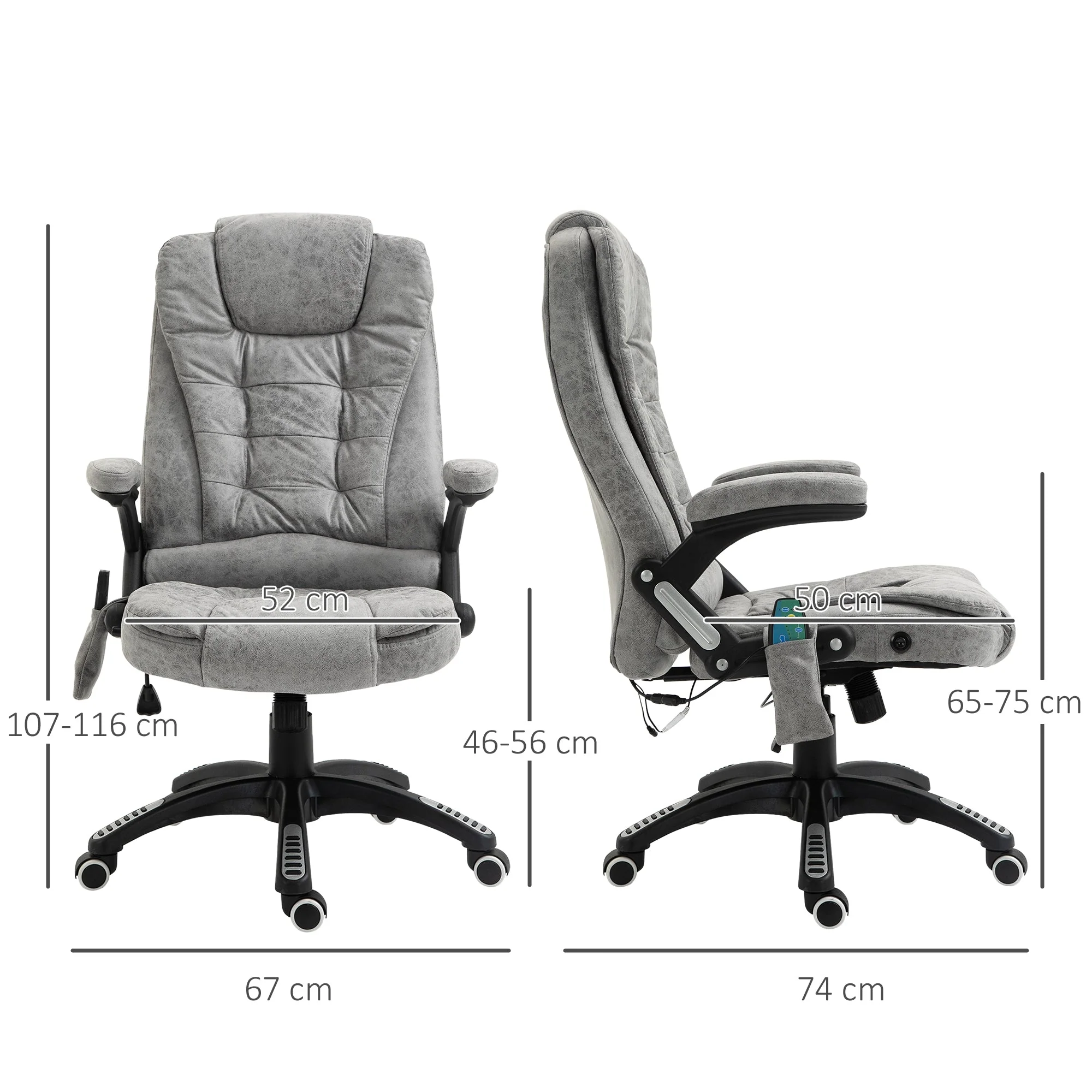 Vinsetto Massage Recliner Chair Heated Office Chair with Six Massage Points Microfiber Cloth 360° Swivel Wheels Grey - Image 3