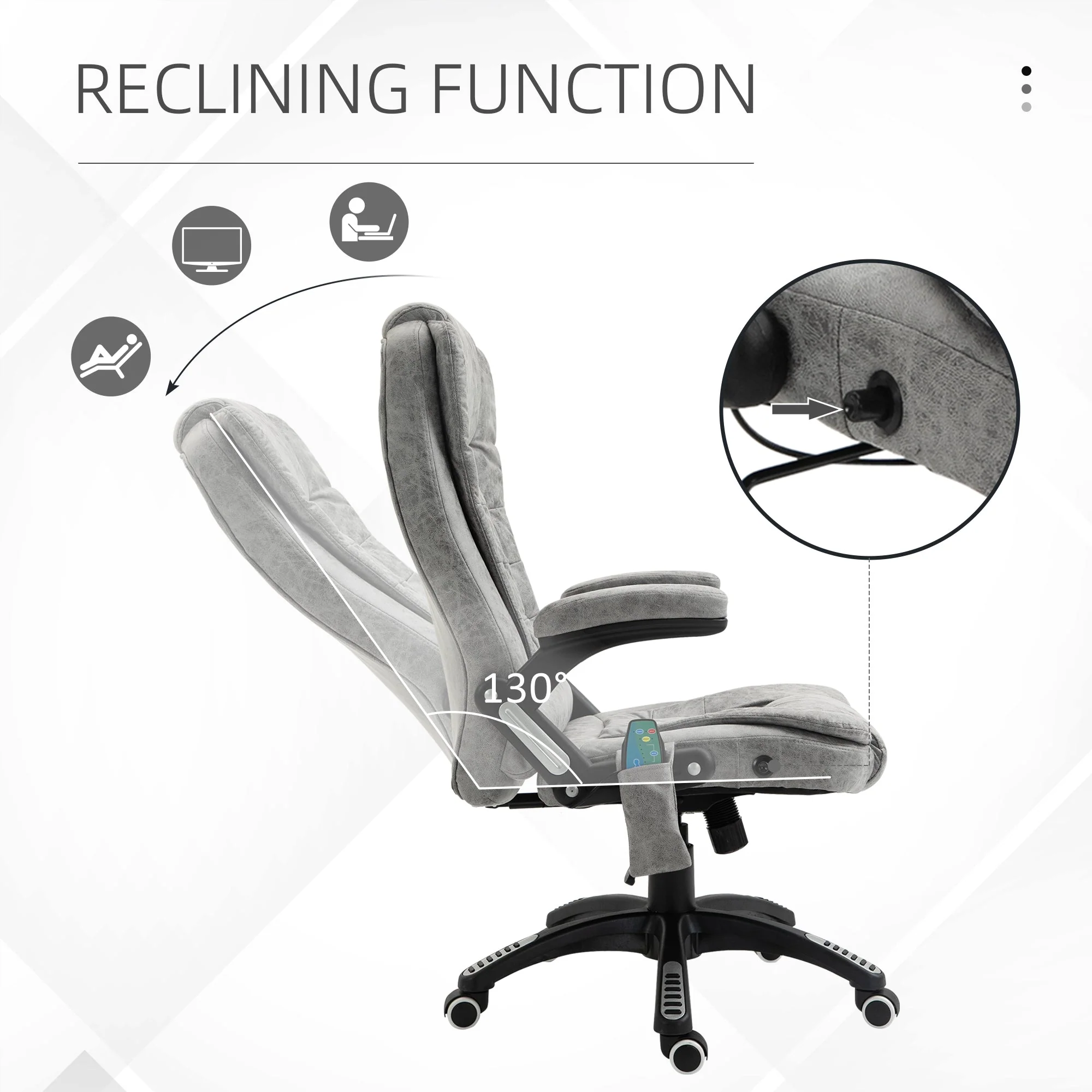 Vinsetto Massage Recliner Chair Heated Office Chair with Six Massage Points Microfiber Cloth 360° Swivel Wheels Grey - Image 5
