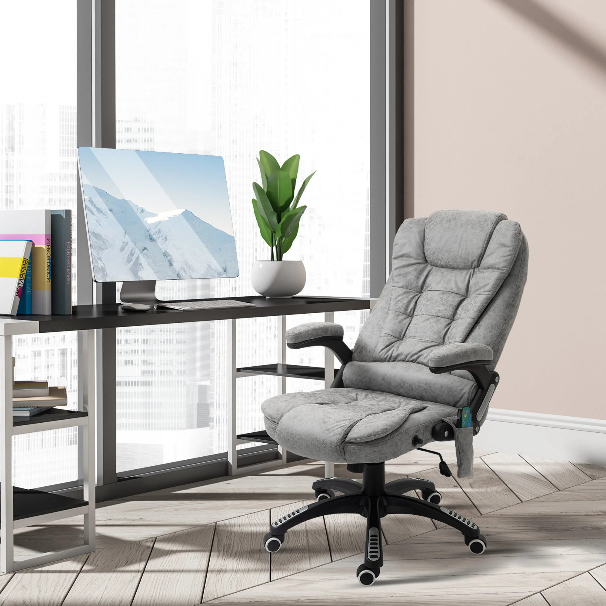 Vinsetto Massage Recliner Chair Heated Office Chair with Six Massage Points Microfiber Cloth 360° Swivel Wheels Grey - Image 9
