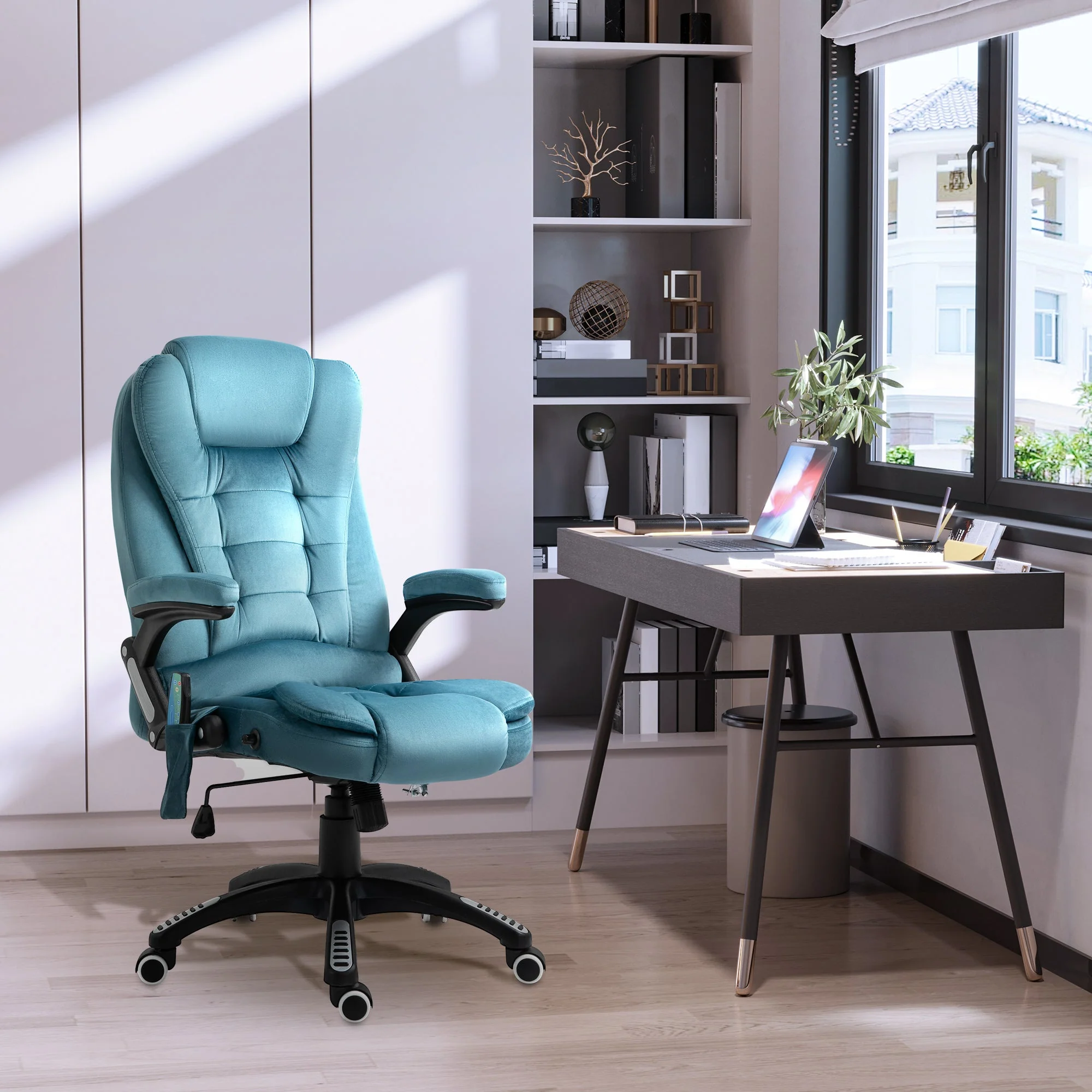 Vinsetto Massage Recliner Chair Heated Office Chair With Six Massage Points Velvet-Feel Fabric 360 Swivel Wheels Blue - Image 2