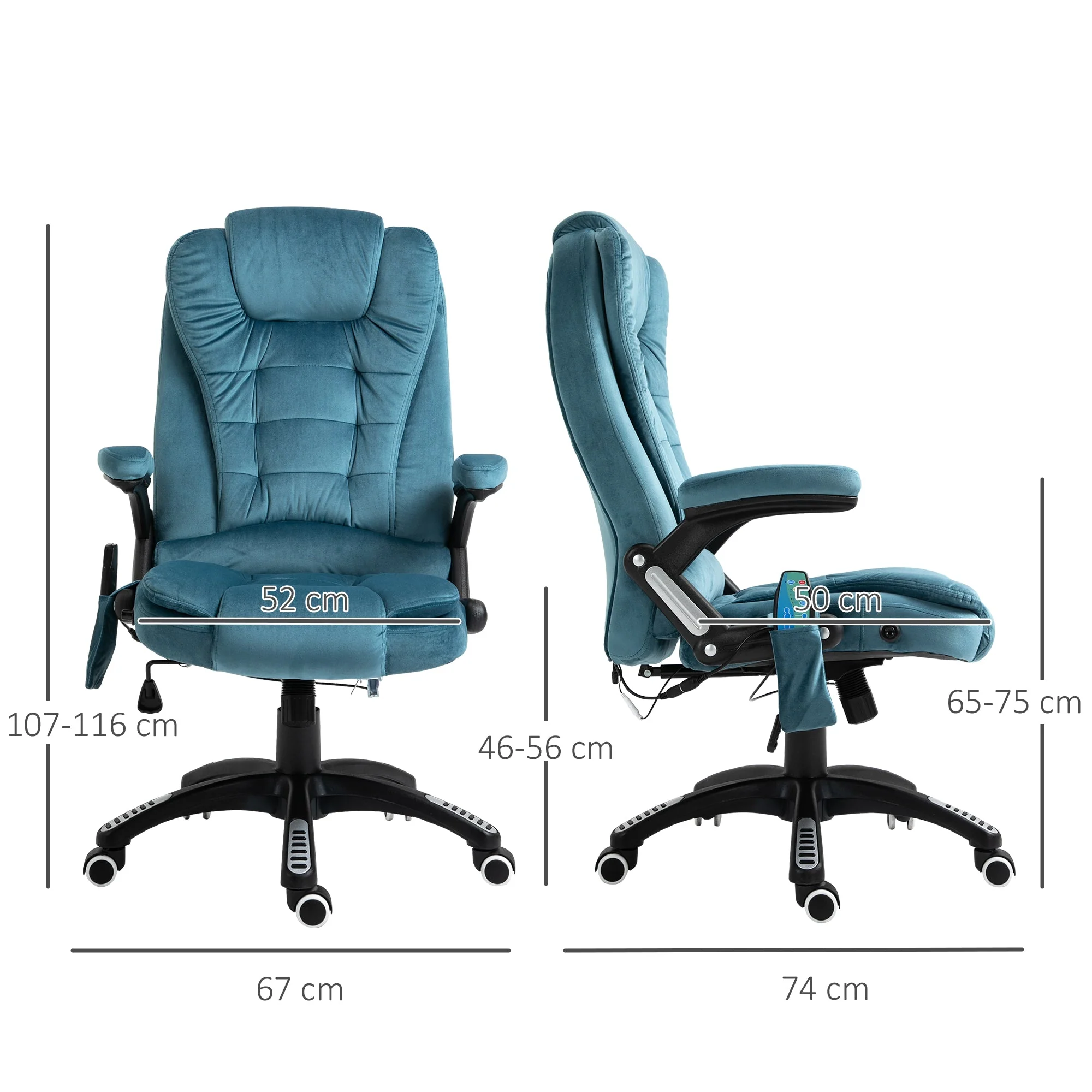 Vinsetto Massage Recliner Chair Heated Office Chair With Six Massage Points Velvet-Feel Fabric 360 Swivel Wheels Blue - Image 3