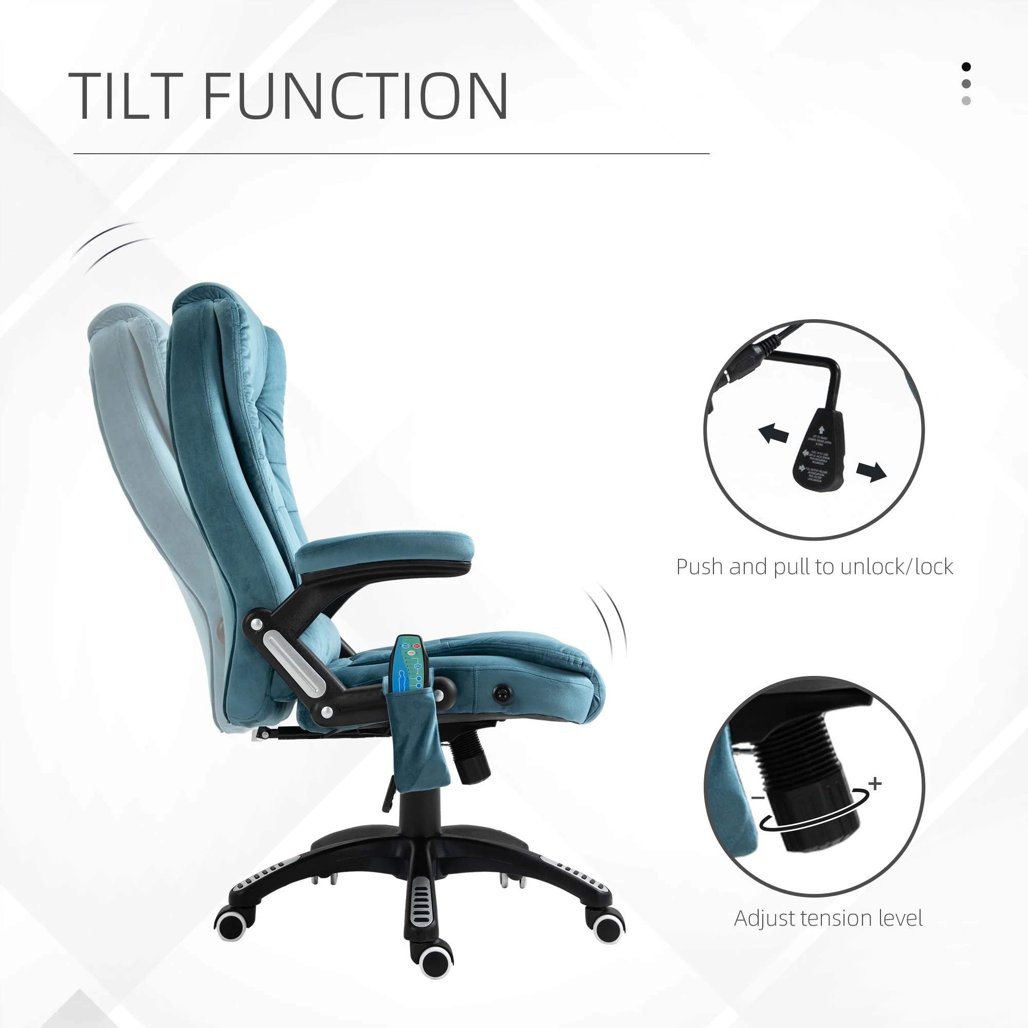 Vinsetto Massage Recliner Chair Heated Office Chair With Six Massage Points Velvet-Feel Fabric 360 Swivel Wheels Blue - Image 5