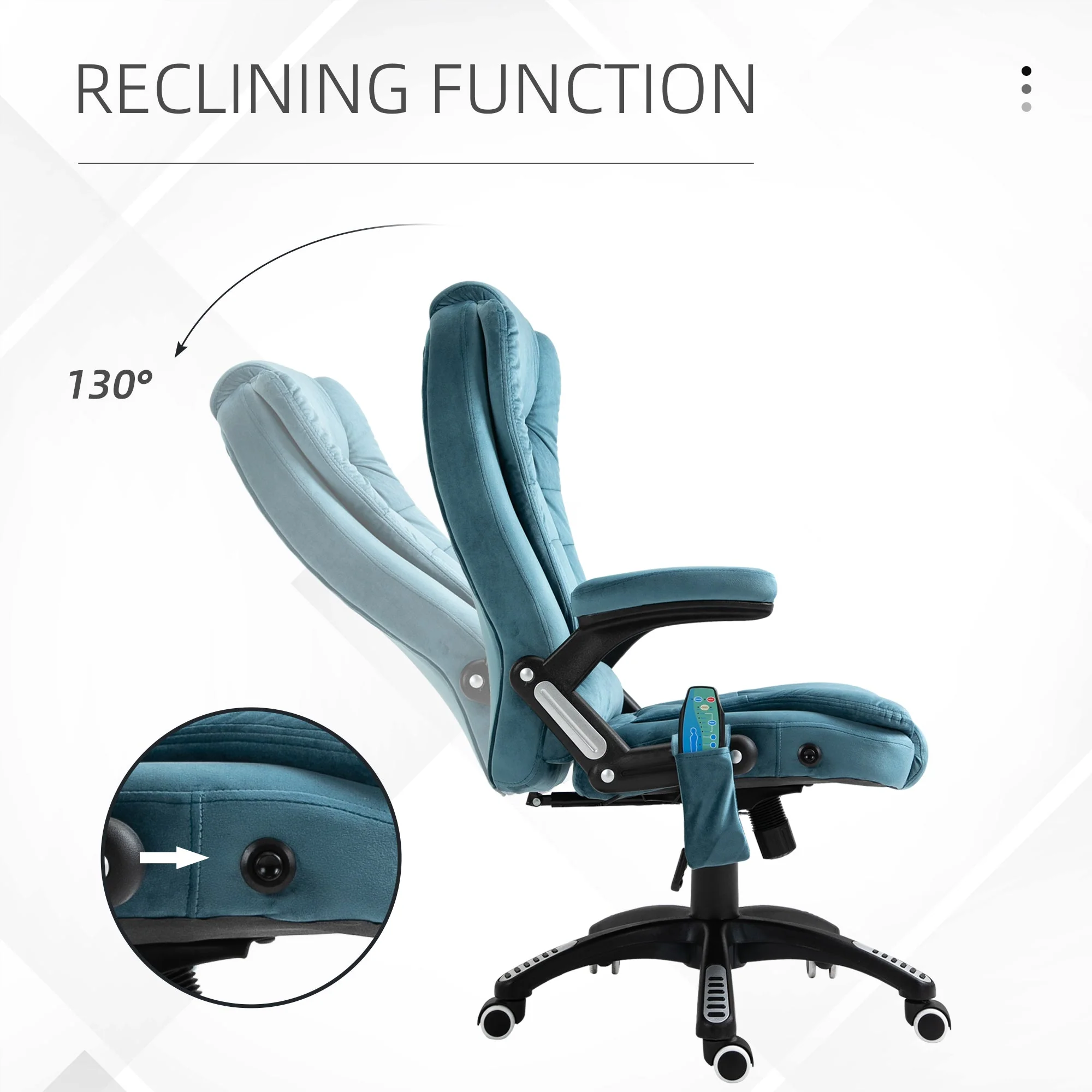 Vinsetto Massage Recliner Chair Heated Office Chair With Six Massage Points Velvet-Feel Fabric 360 Swivel Wheels Blue - Image 6
