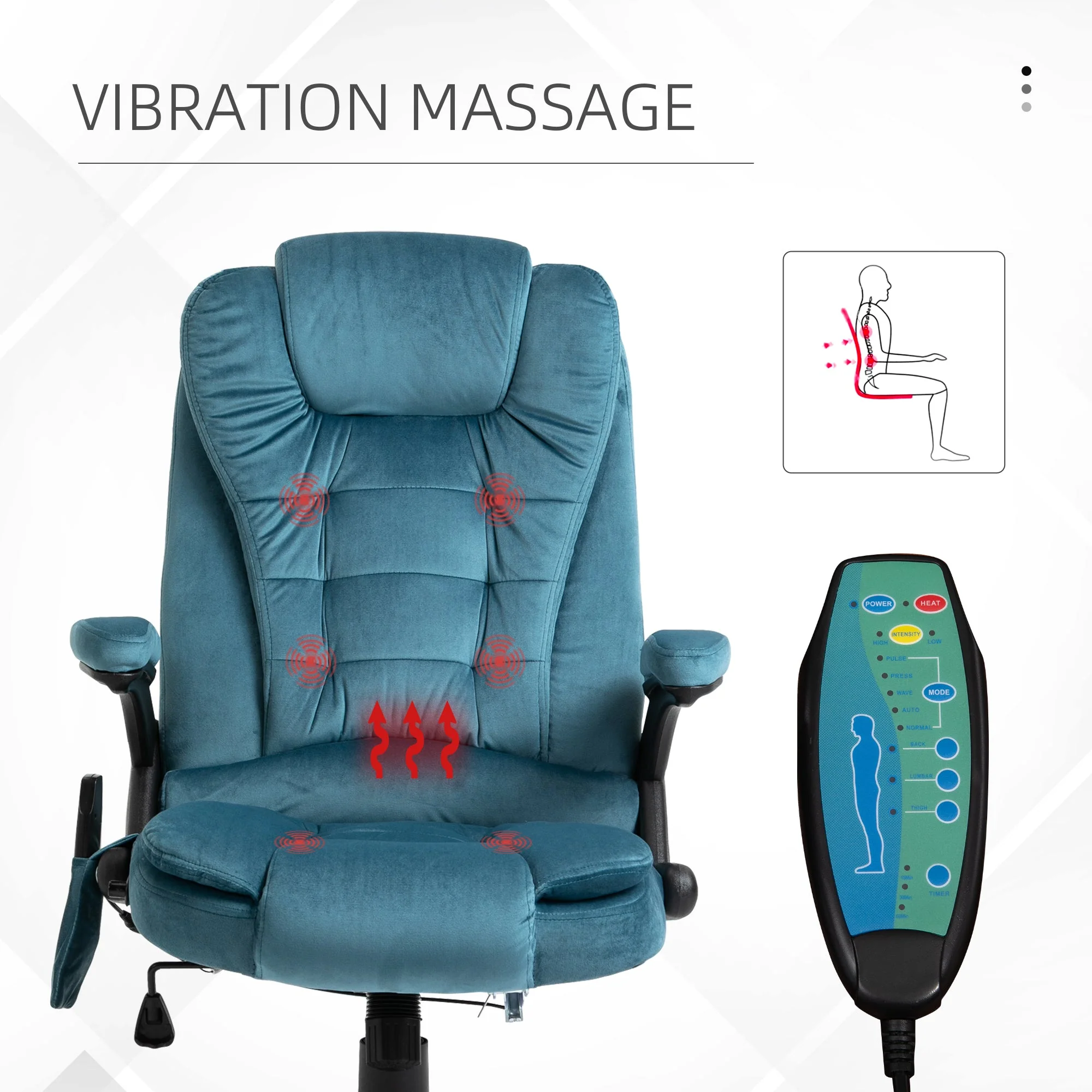 Vinsetto Massage Recliner Chair Heated Office Chair With Six Massage Points Velvet-Feel Fabric 360 Swivel Wheels Blue - Image 7