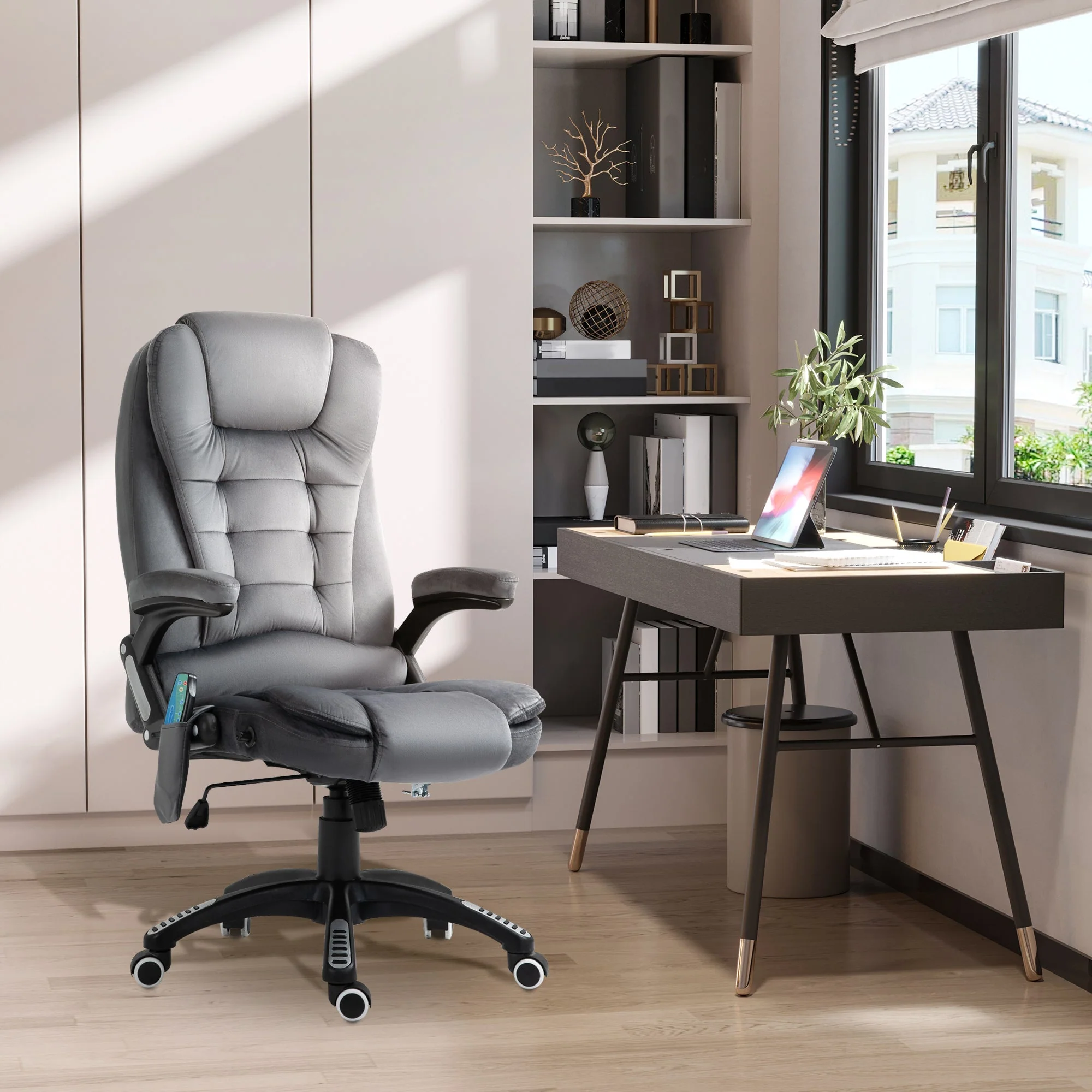Vinsetto Massage Recliner Chair Heated Office Chair With Six Massage Points Velvet-Feel Fabric 360 Swivel Wheels Grey - Image 2