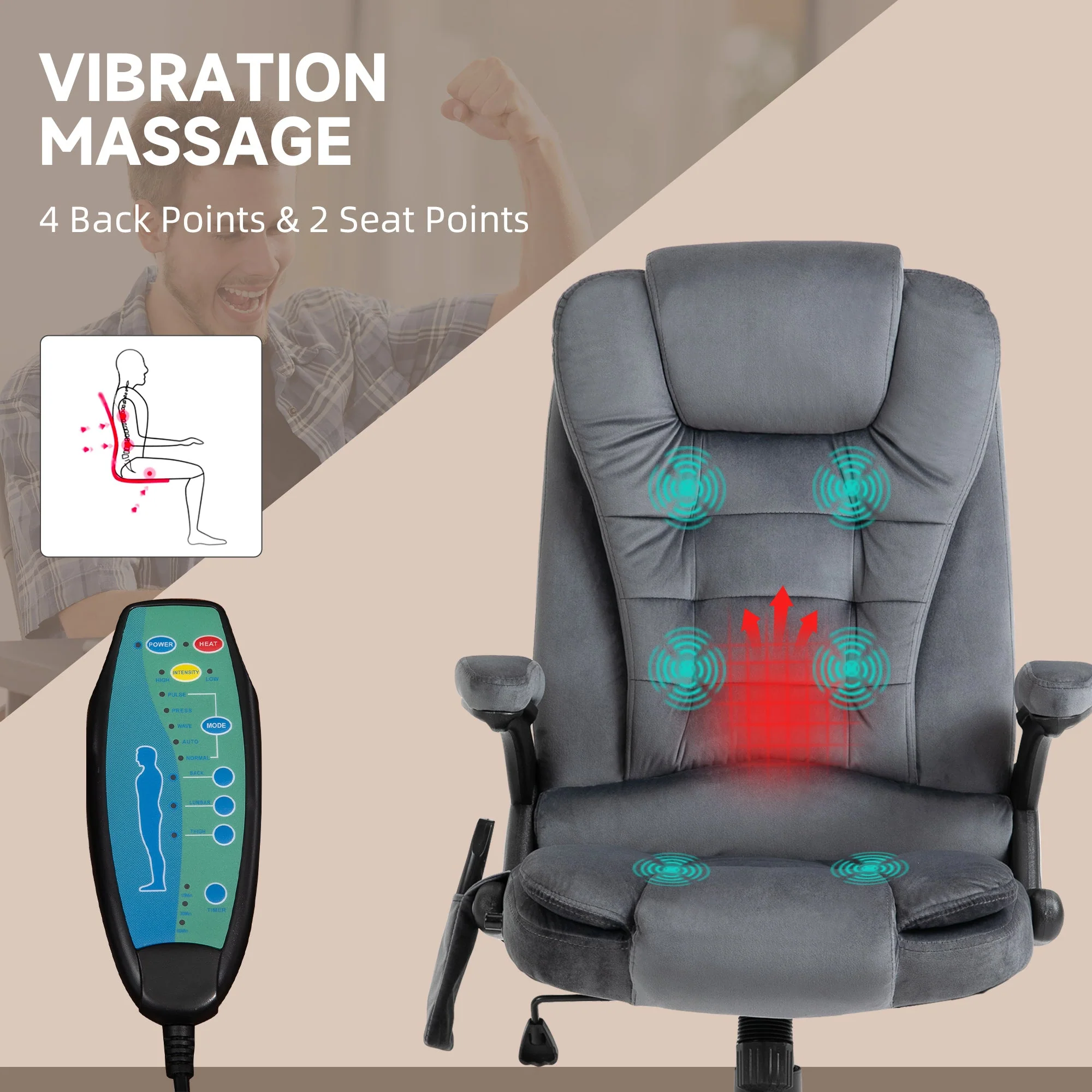 Vinsetto Massage Recliner Chair Heated Office Chair With Six Massage Points Velvet-Feel Fabric 360 Swivel Wheels Grey - Image 4