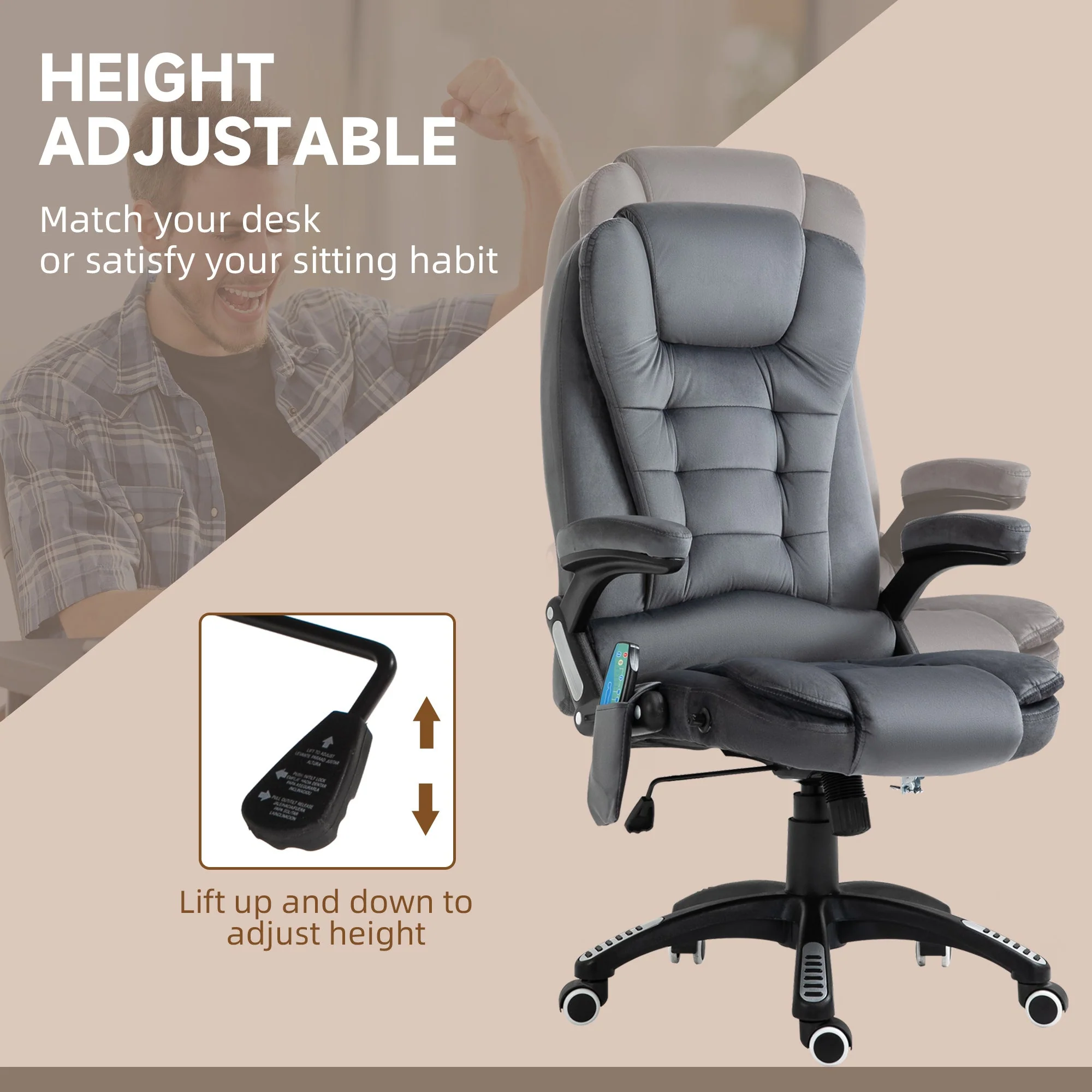 Vinsetto Massage Recliner Chair Heated Office Chair With Six Massage Points Velvet-Feel Fabric 360 Swivel Wheels Grey - Image 5