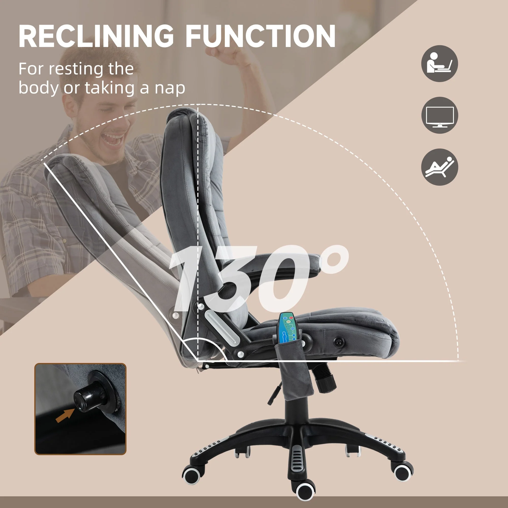 Vinsetto Massage Recliner Chair Heated Office Chair With Six Massage Points Velvet-Feel Fabric 360 Swivel Wheels Grey - Image 7