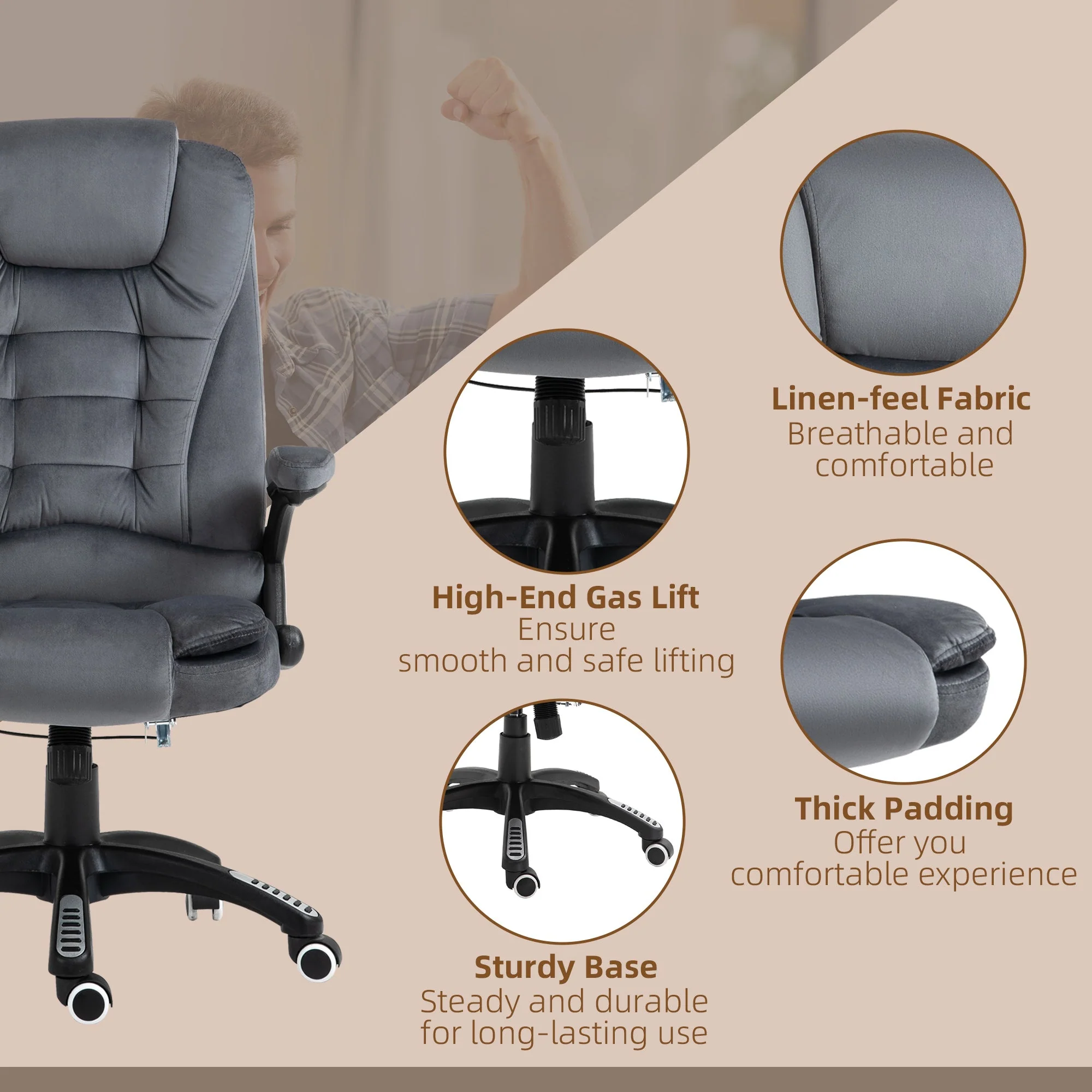 Vinsetto Massage Recliner Chair Heated Office Chair With Six Massage Points Velvet-Feel Fabric 360 Swivel Wheels Grey - Image 9