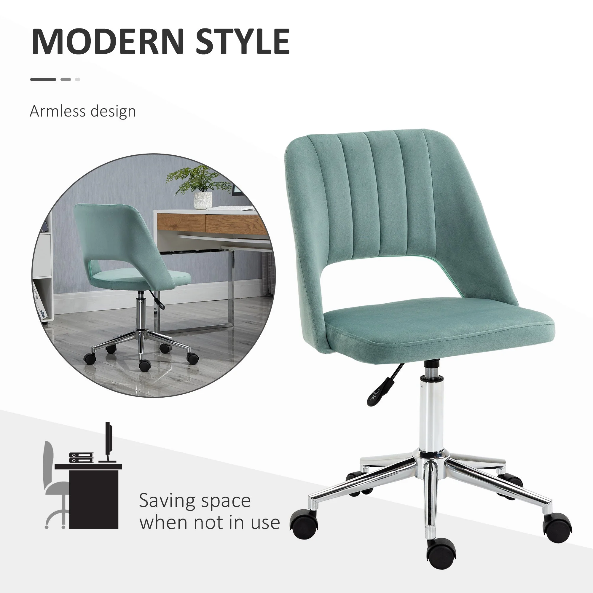 Vinsetto Mid Back Office Chair Velvet Fabric Swivel Scallop Shape Computer Desk Chair for Home Study Bedroom Green - Image 5