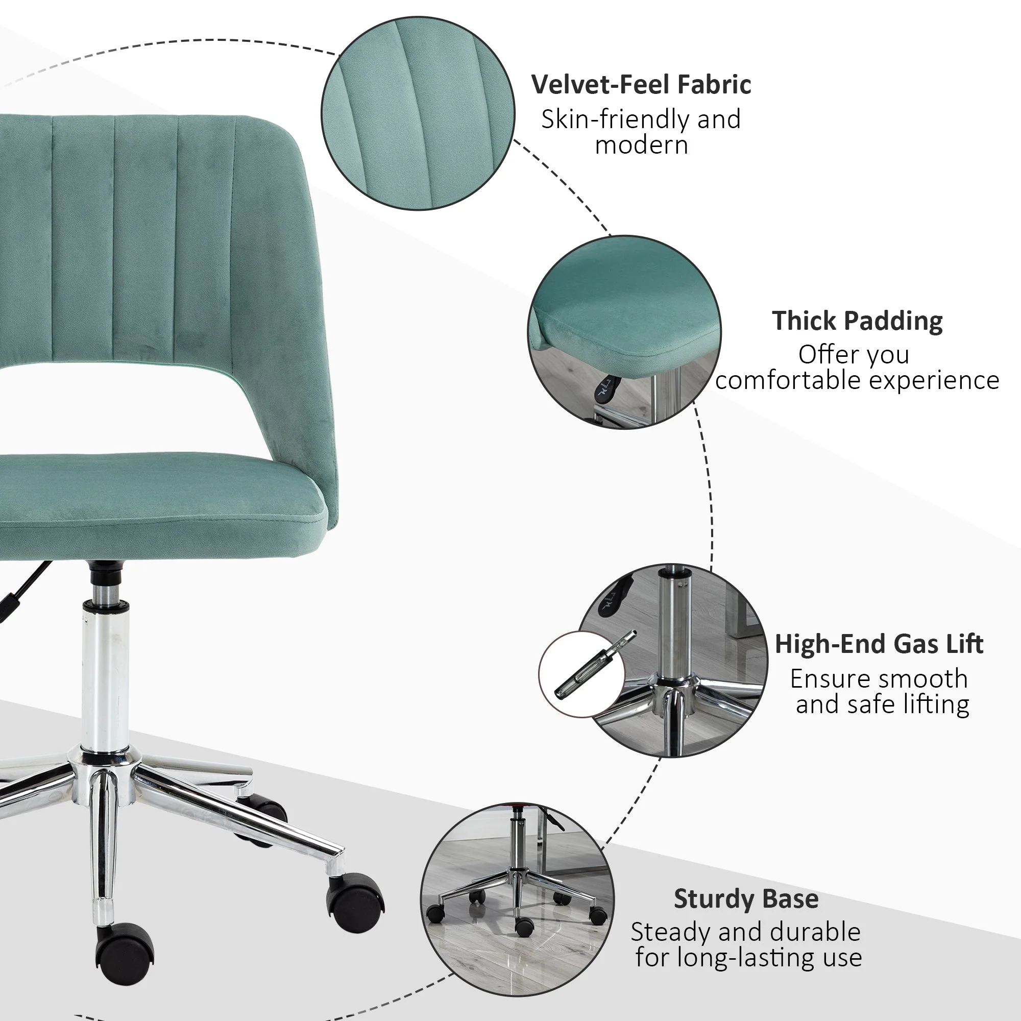Vinsetto Mid Back Office Chair Velvet Fabric Swivel Scallop Shape Computer Desk Chair for Home Study Bedroom Green - Image 7