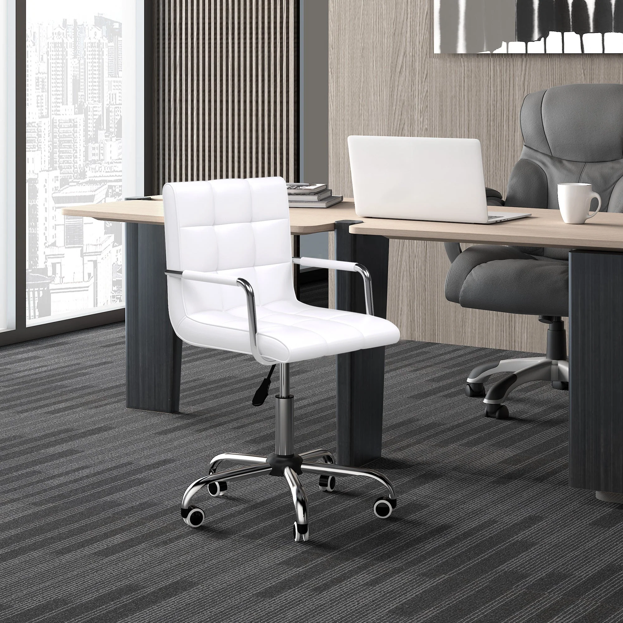 Vinsetto Mid Back PU Leather Home Office Desk Chair Swivel Computer Chair with Arm - Image 2
