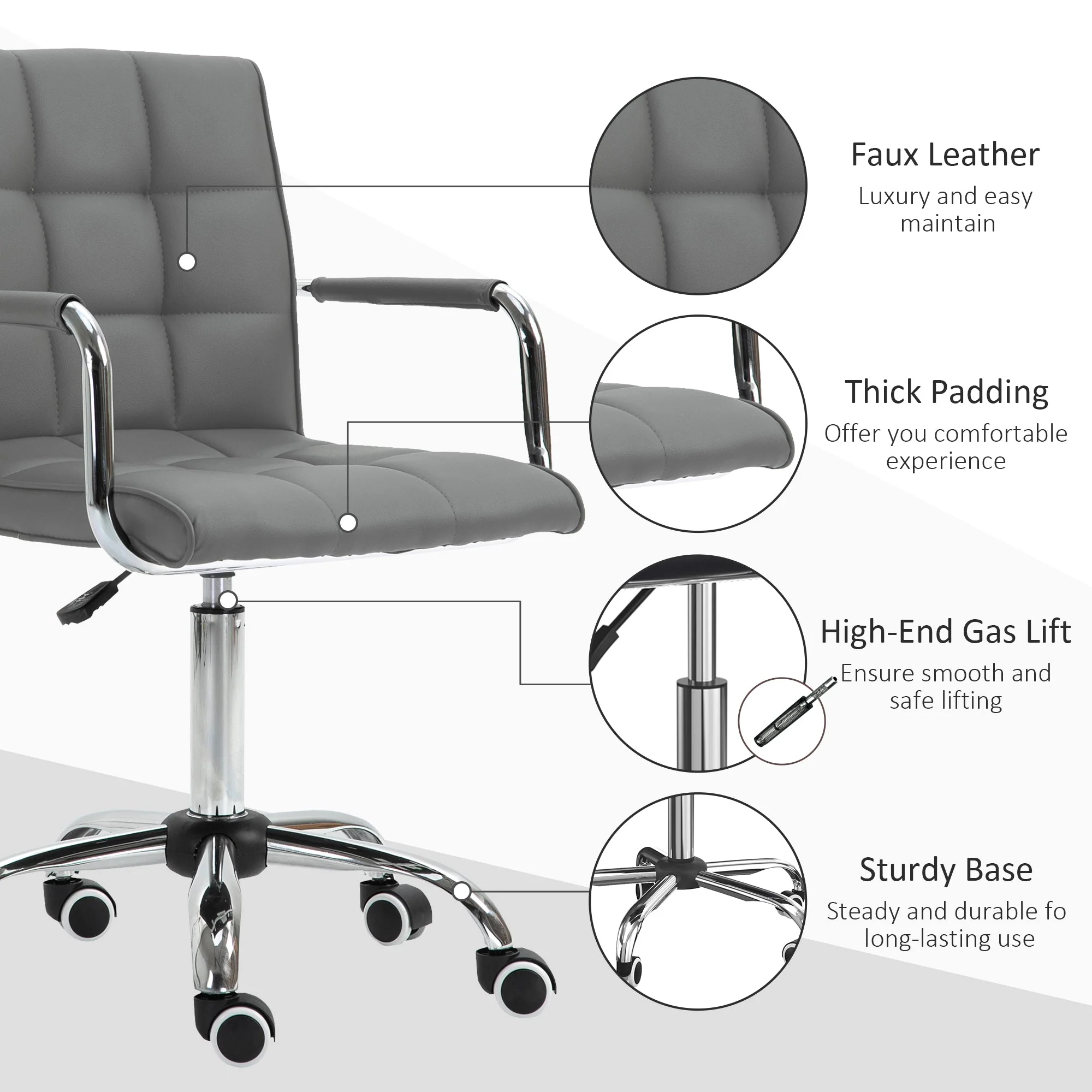 Vinsetto Mid Back PU Leather Home Office Desk Chair Swivel Computer Chair with Arm - Image 6