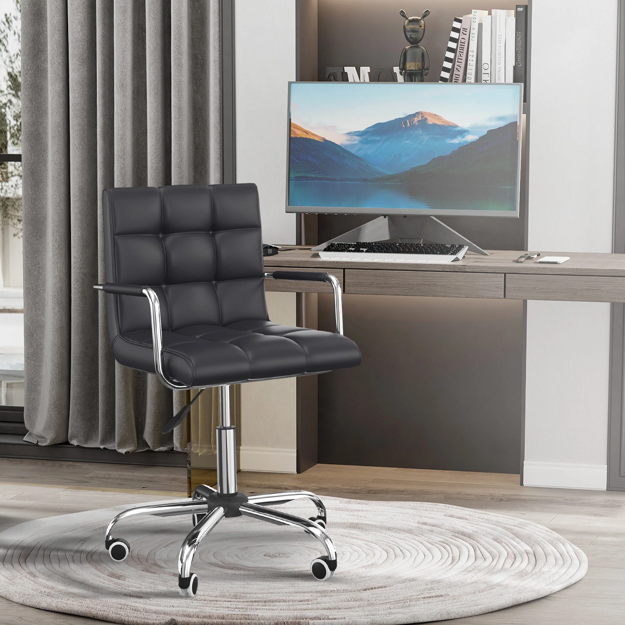 Vinsetto Mid Back PU Leather Home Office Desk Chair Swivel Computer Chair with Arm - Image 2