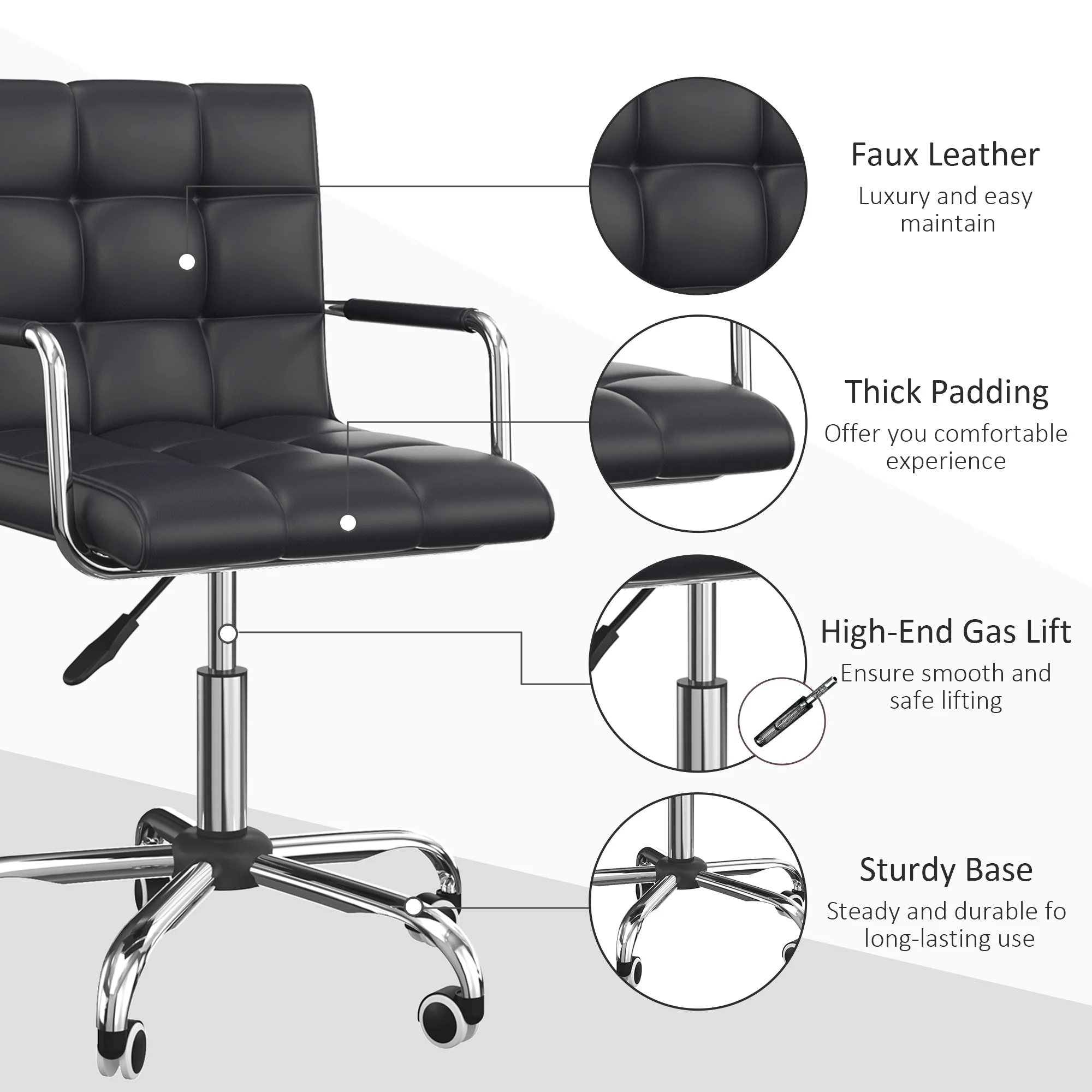 Vinsetto Mid Back PU Leather Home Office Desk Chair Swivel Computer Chair with Arm - Image 6