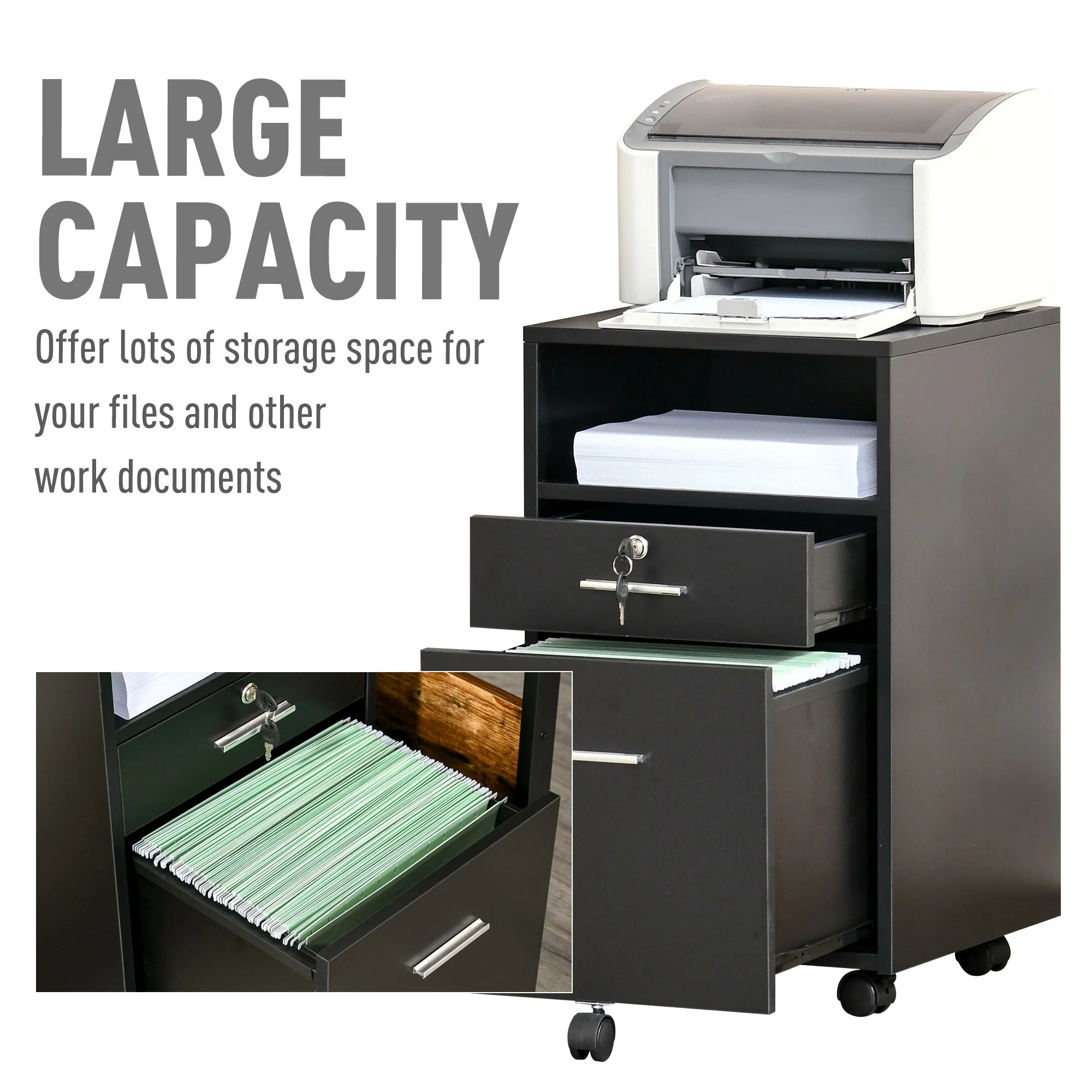 Vinsetto Mobile File Cabinet Home Filing Furniture w/ Lock - Image 6