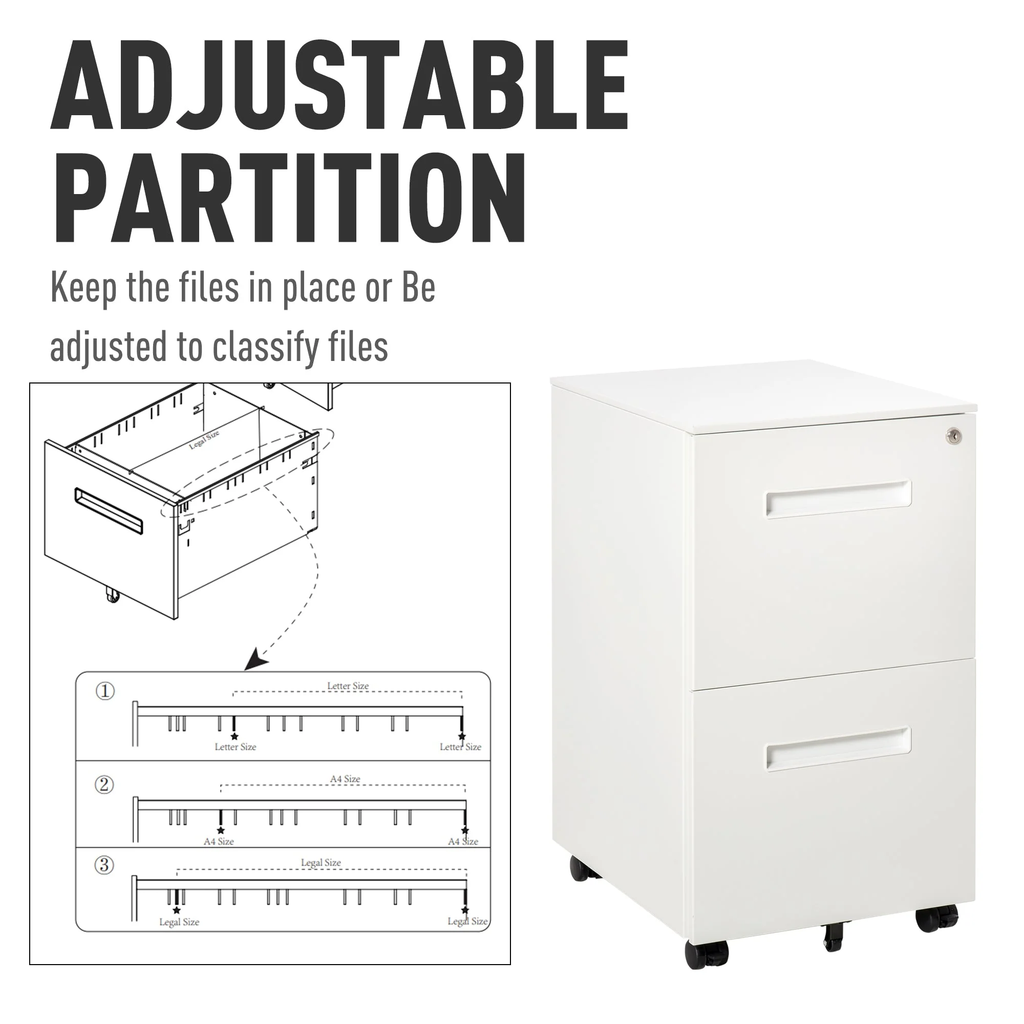 Vinsetto Mobile File Cabinet Home Filing Furniture with Adjustable Partition and Lock - Image 7