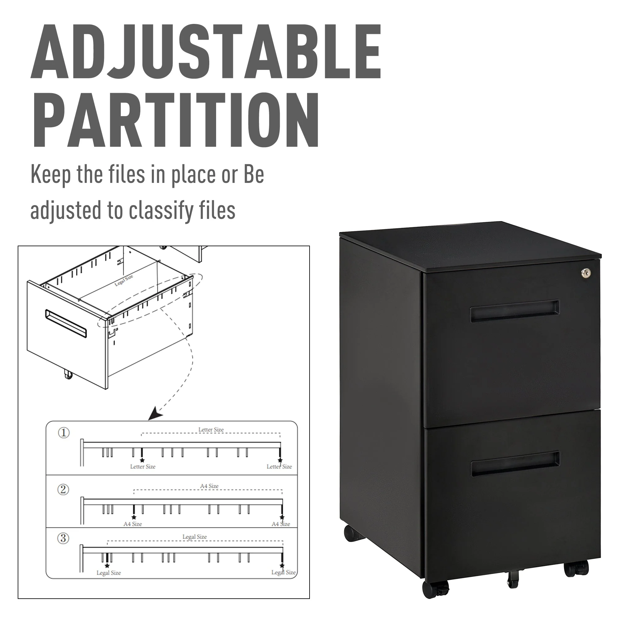 Vinsetto Mobile File Cabinet Vertical Home Office Organizer Filing Furniture with Adjustable Partition for A4 Letter Size - Image 7