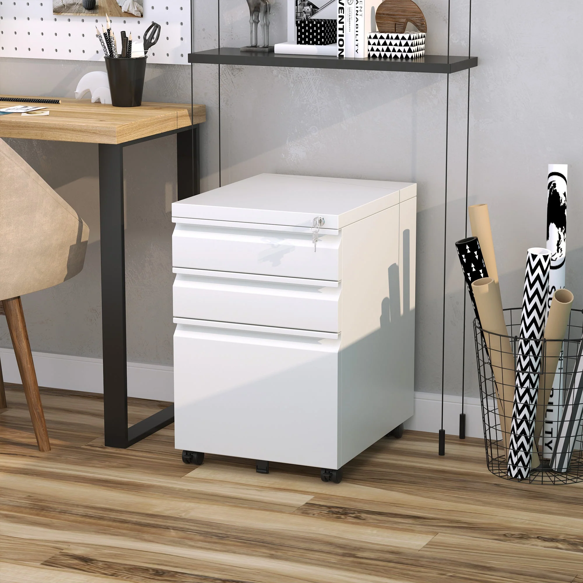 Vinsetto Mobile Vertical File Cabinet Lockable Metal Filling Cabinet with 3 Drawers and Anti-tilt Design - Image 2