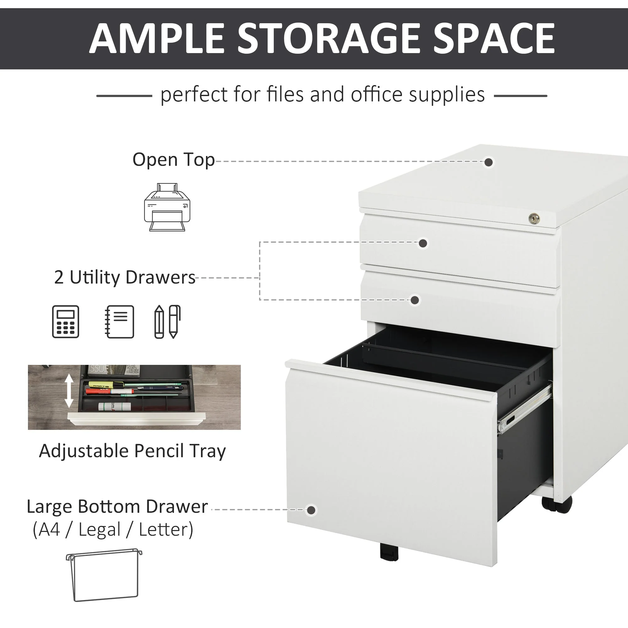 Vinsetto Mobile Vertical File Cabinet Lockable Metal Filling Cabinet with 3 Drawers and Anti-tilt Design - Image 4