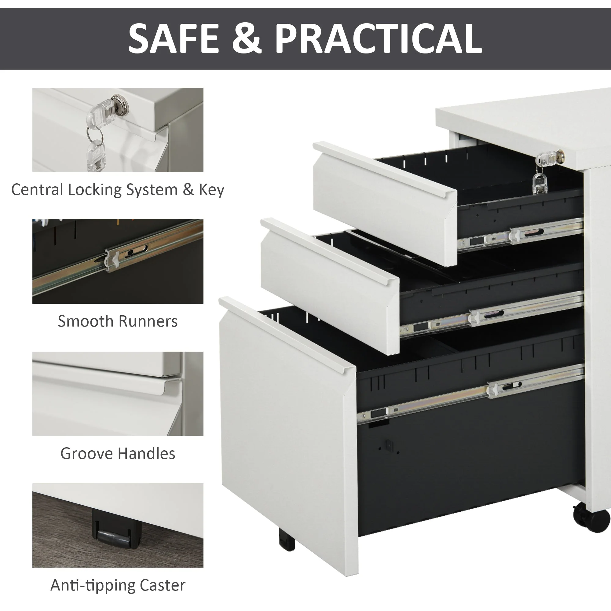 Vinsetto Mobile Vertical File Cabinet Lockable Metal Filling Cabinet with 3 Drawers and Anti-tilt Design - Image 5