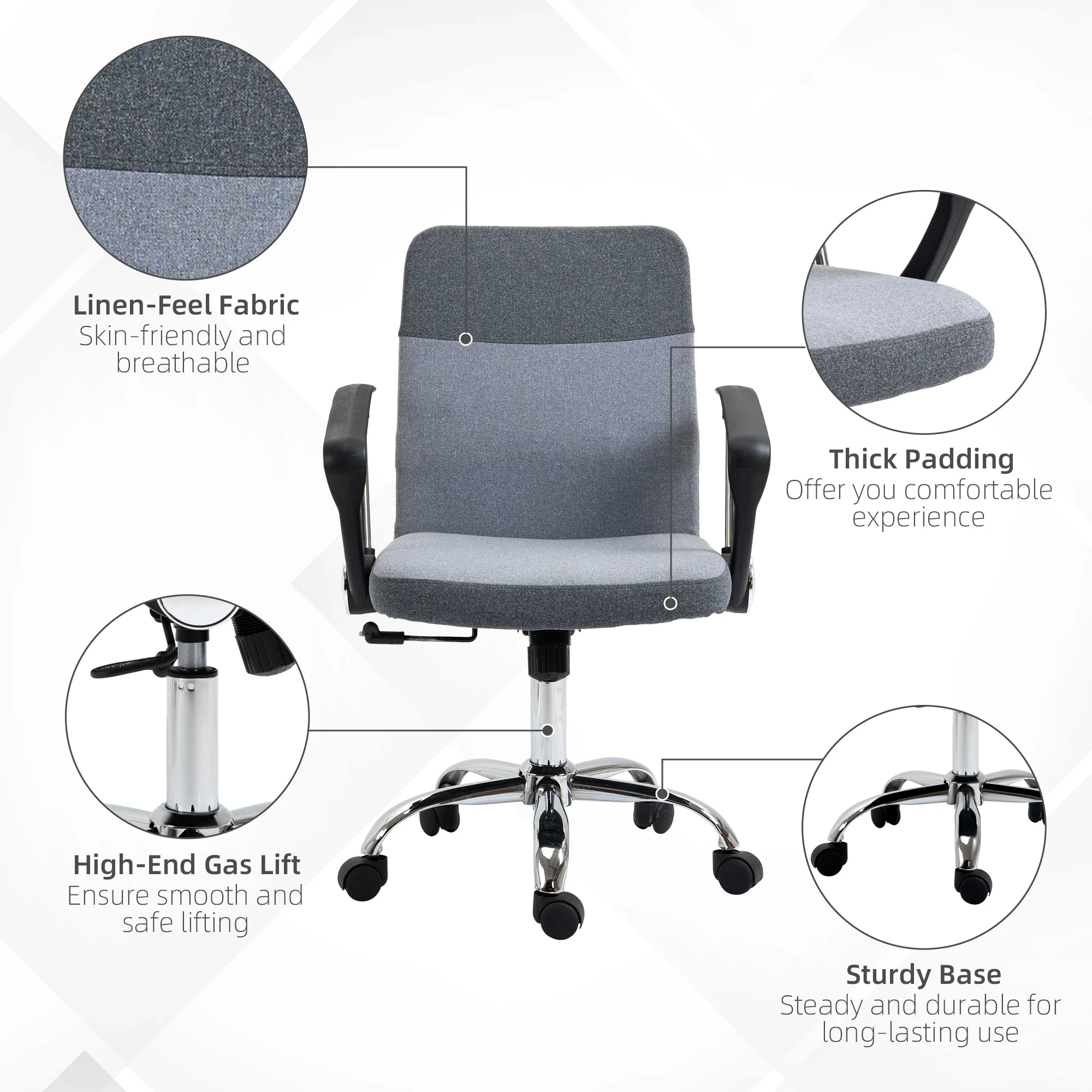 Vinsetto Office Chair Linen Fabric Swivel Computer Desk Chair Home Study Adjustable Chair with Wheels - Image 7