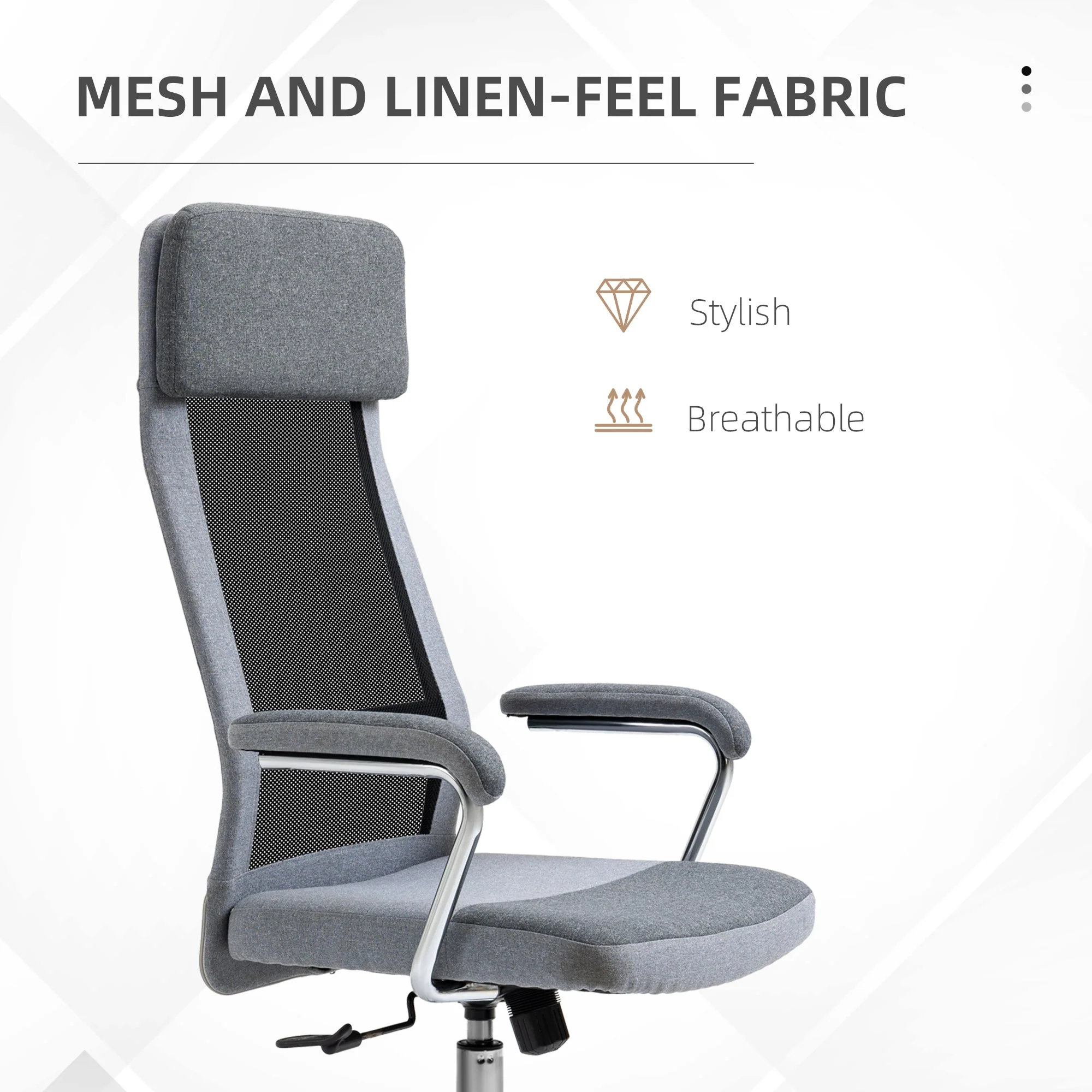 Vinsetto Office Chair Linen-Feel Mesh Fabric High Back Swivel Computer Task Desk Chair For Home With Arm Wheels Grey - Image 4