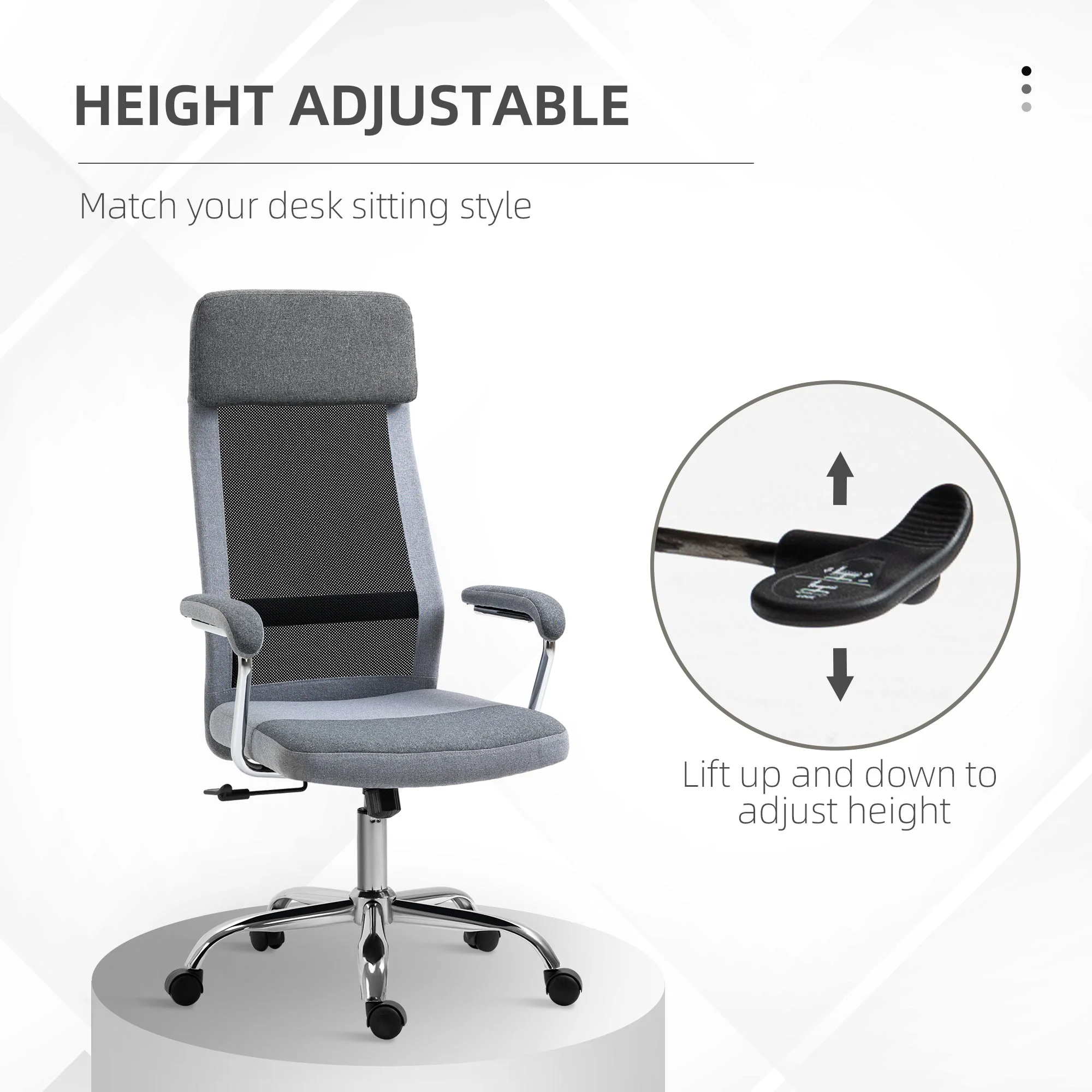Vinsetto Office Chair Linen-Feel Mesh Fabric High Back Swivel Computer Task Desk Chair For Home With Arm Wheels Grey - Image 6