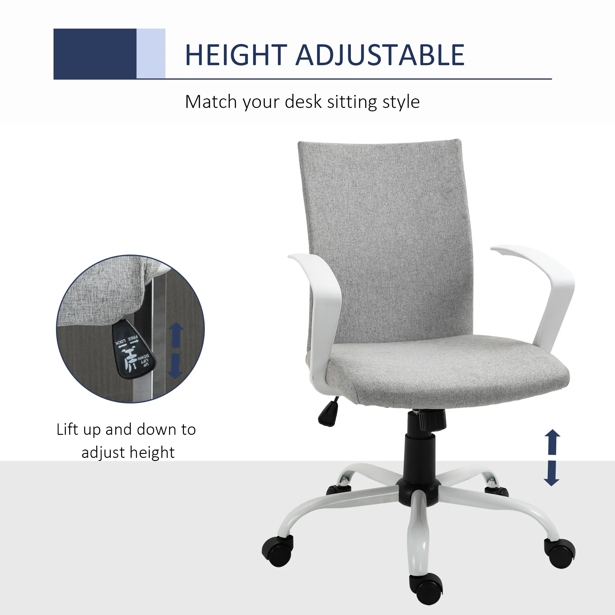 Vinsetto Office Chair Linen Swivel Computer Desk Chair Home Study Task Chair with Wheels - Image 4