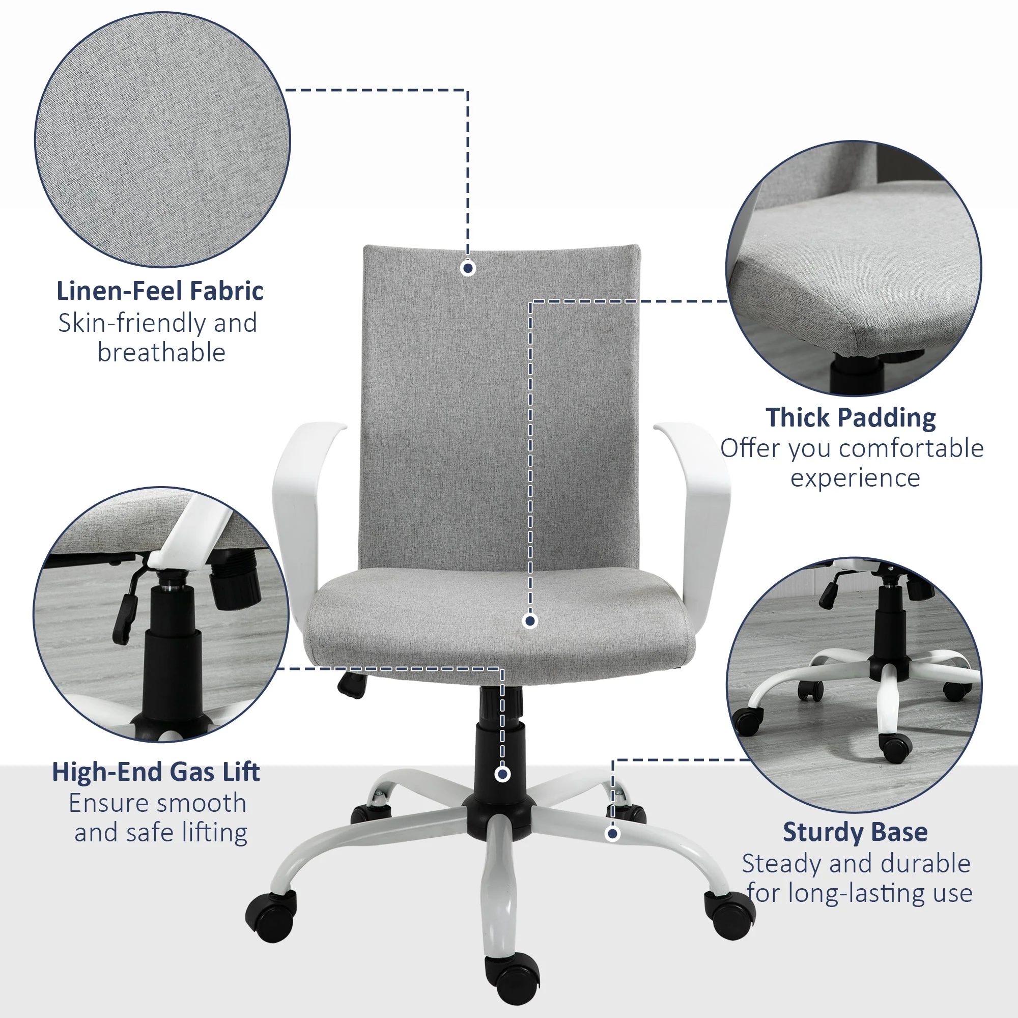 Vinsetto Office Chair Linen Swivel Computer Desk Chair Home Study Task Chair with Wheels - Image 7