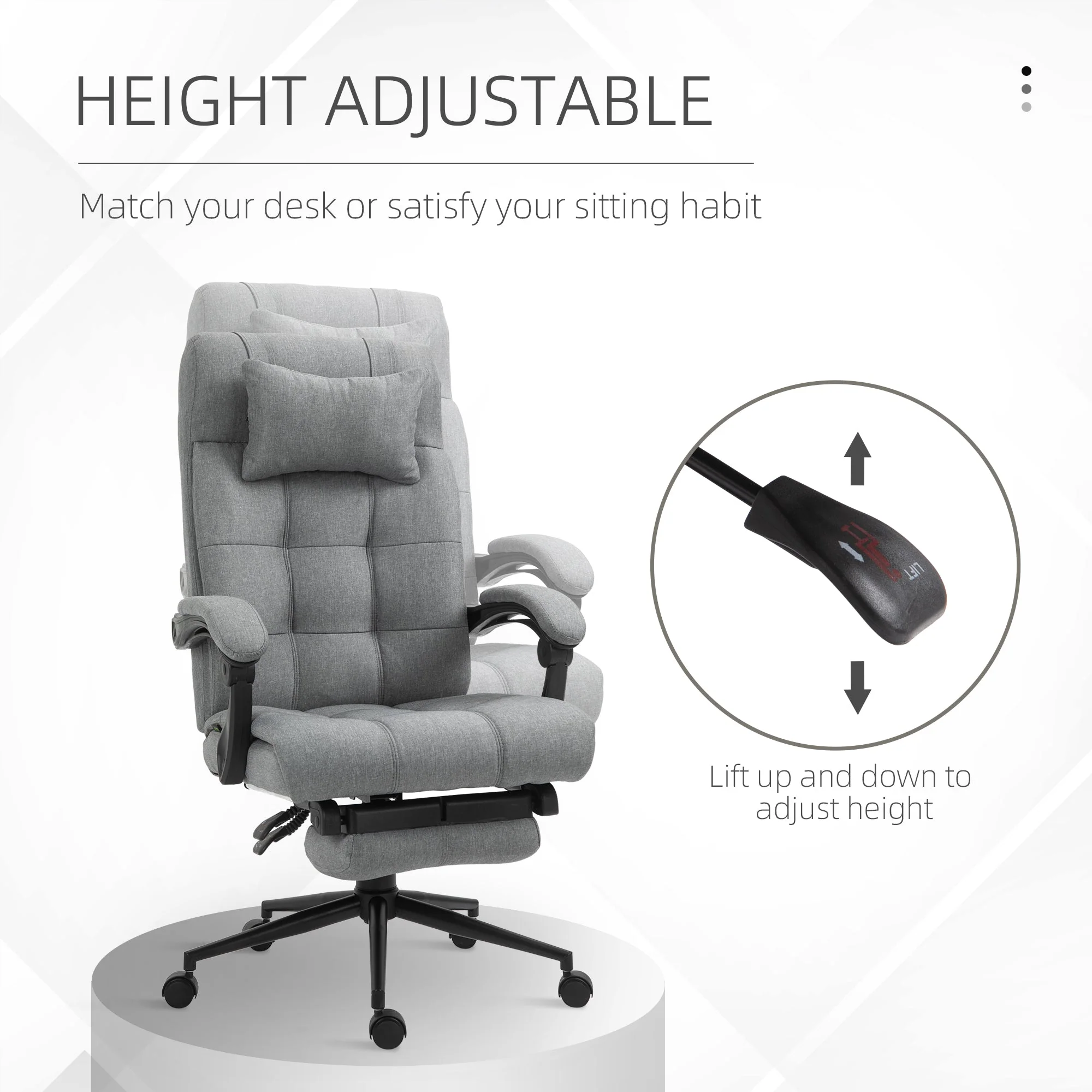Vinsetto Office Chair With Footrest Ergonomic Office Chair With Armrests Lumber Support And Headrest Light Grey - Image 4