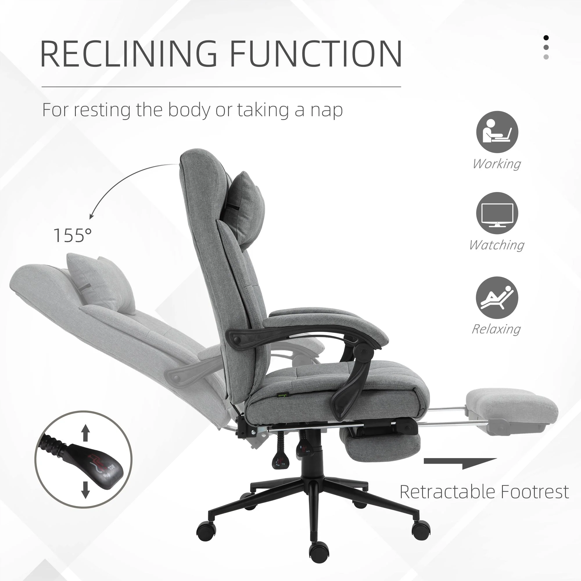 Vinsetto Office Chair With Footrest Ergonomic Office Chair With Armrests Lumber Support And Headrest Light Grey - Image 5